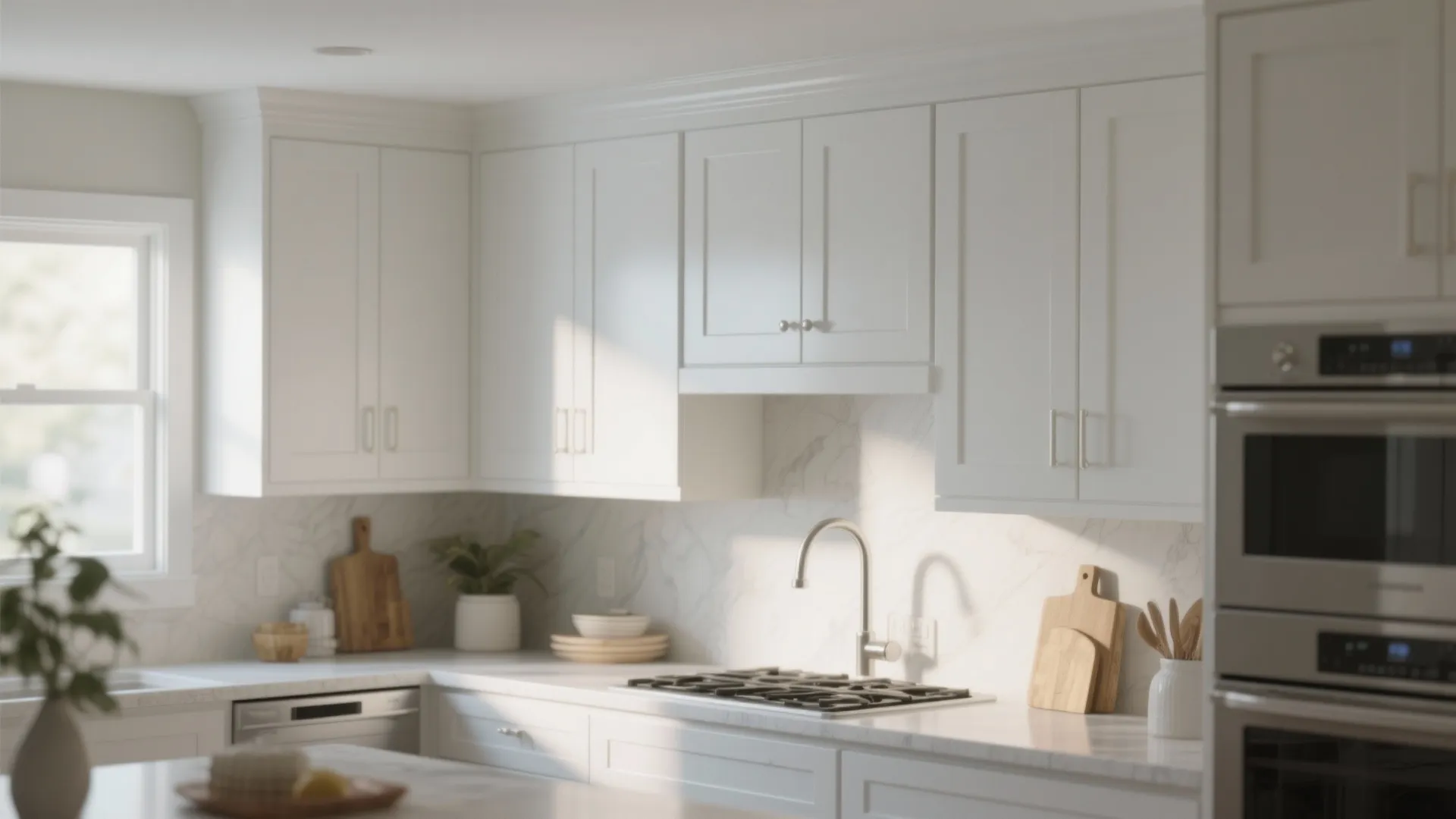 Bright white kitchen with shaker cabinets marble wall background silver tap and built in ovens