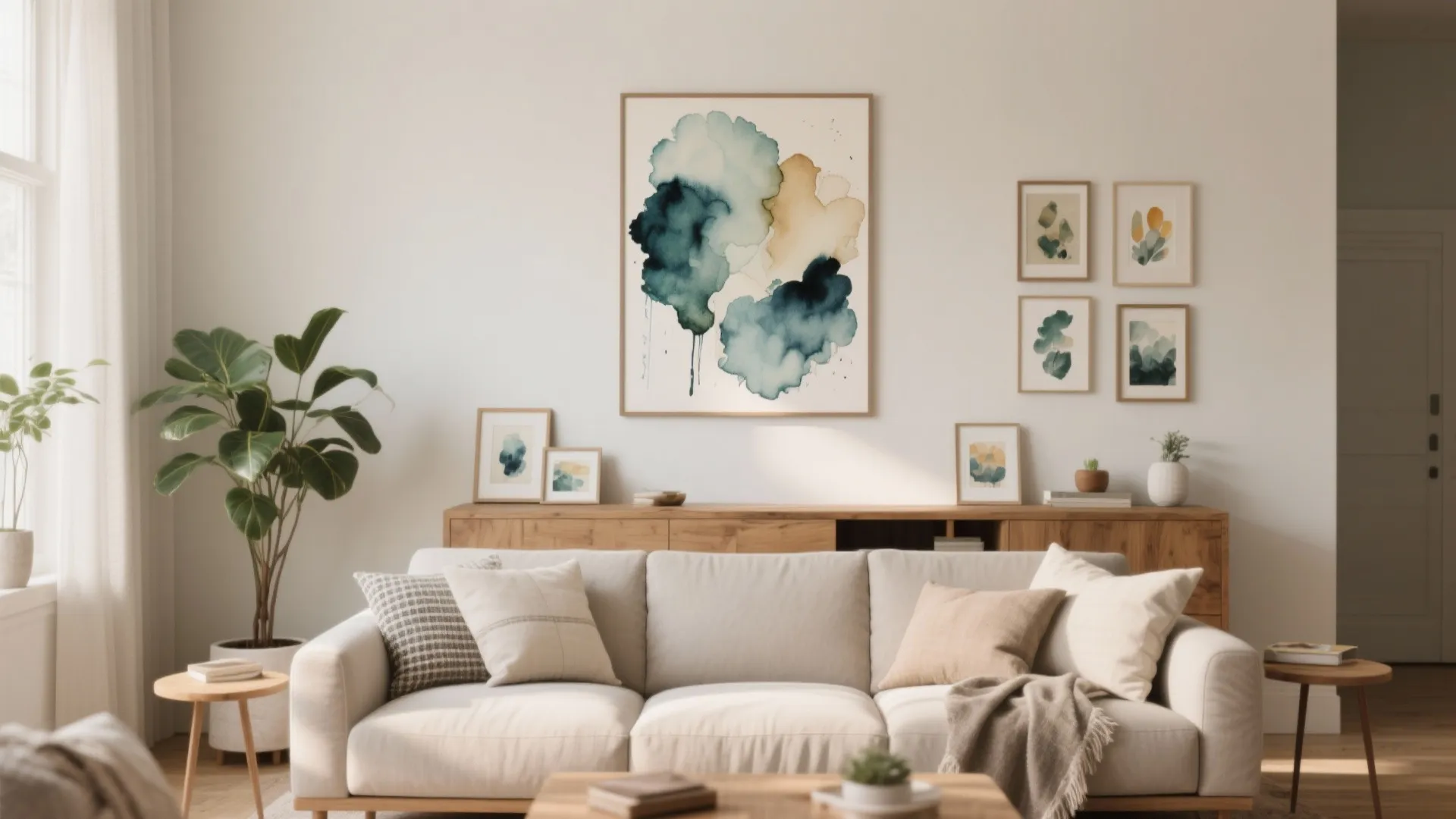 Bright living room with white sofa wooden cabinet and blue watercolor art on the white wall