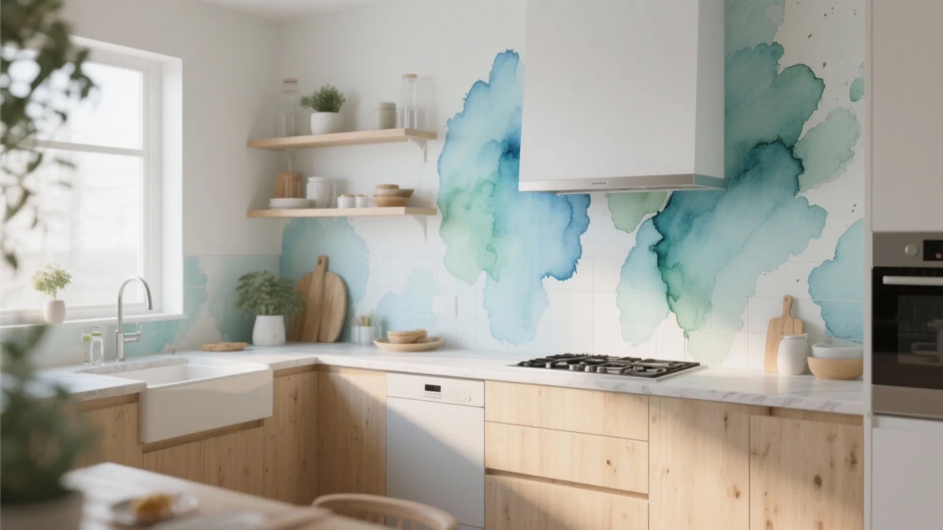 Bright kitchen featuring blue watercolor wall tiles with wood cabinets and a white range hood