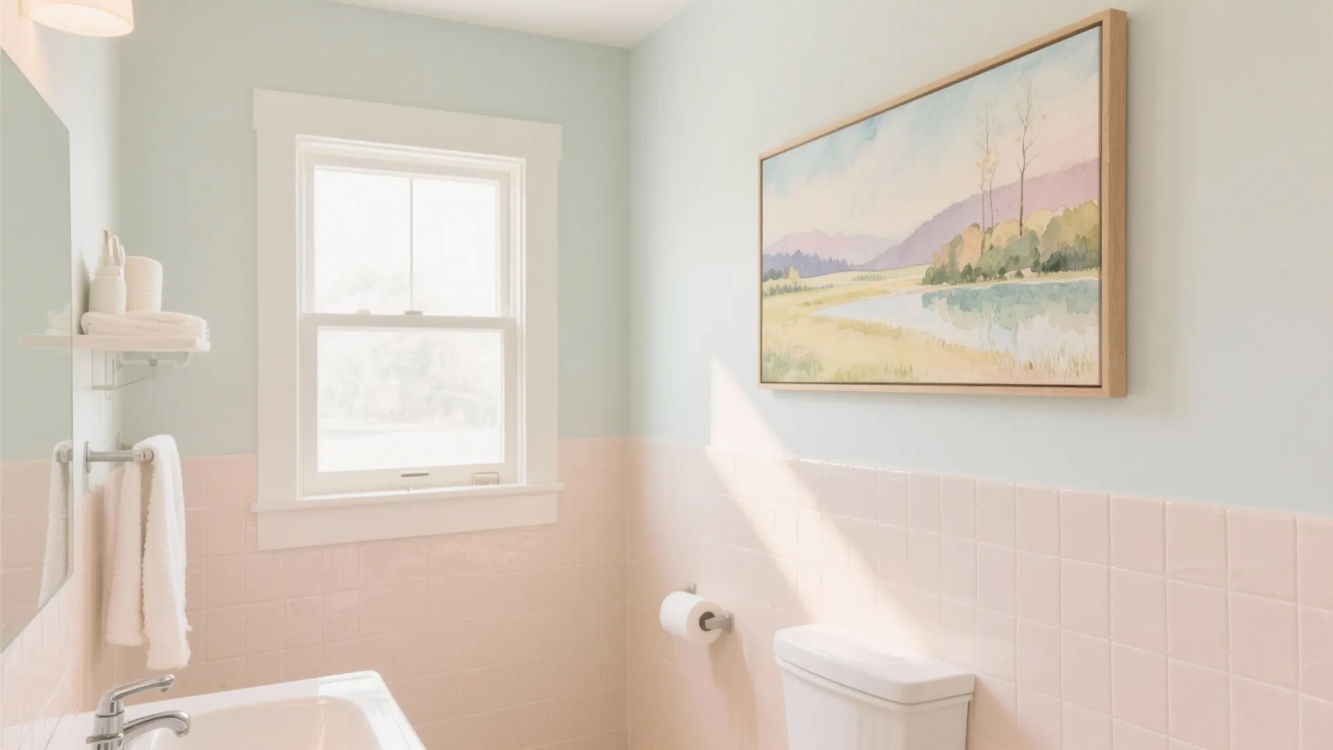 Light green and pink bathroom with a landscape painting on the wall above the toilet