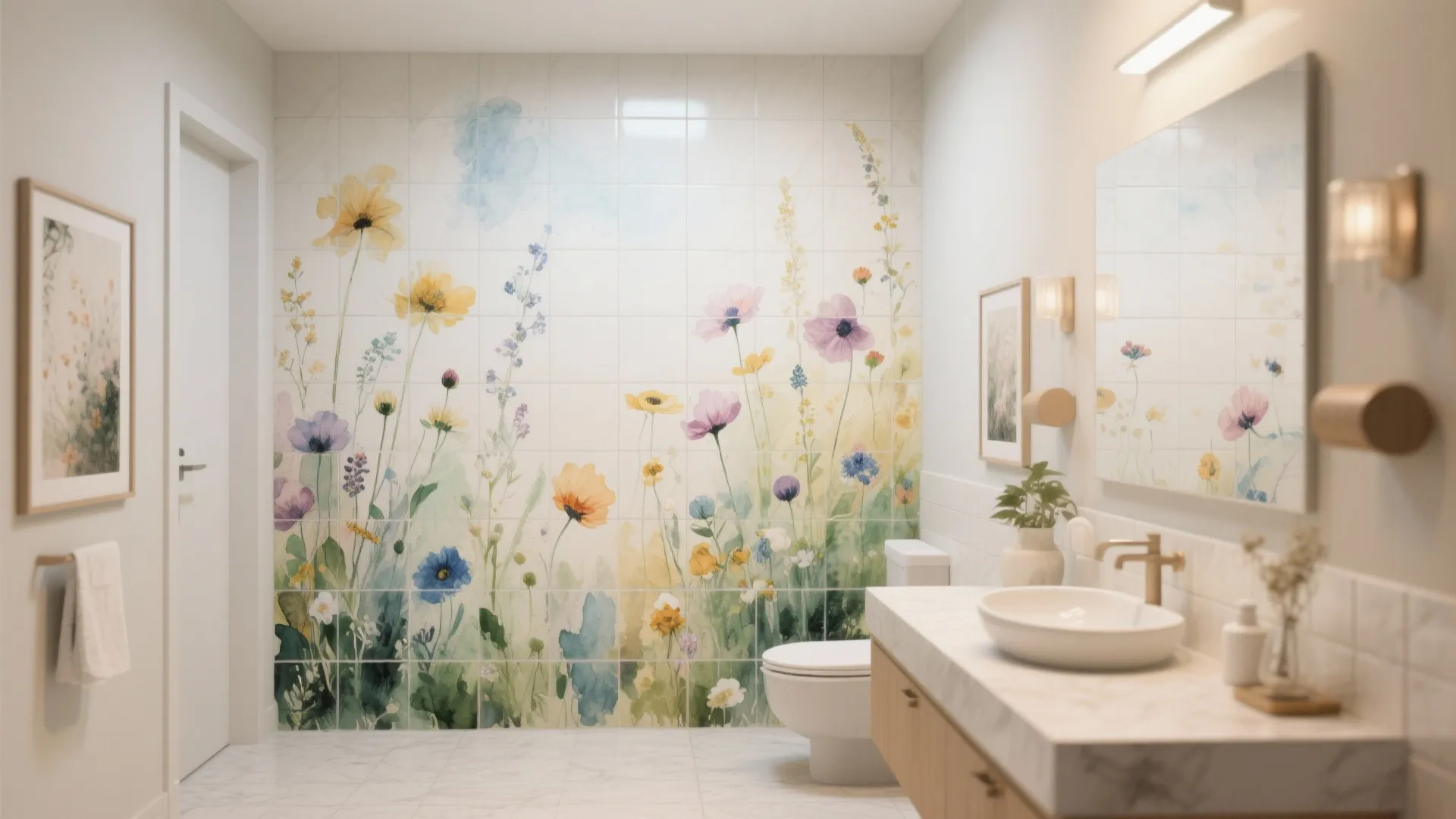 Bright bathroom with colorful watercolor floral wall tiles behind a white toilet and wooden vanity sink