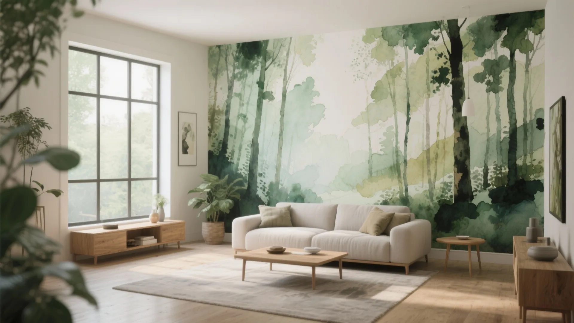 Living room with white sofa wooden coffee table and a large green watercolor forest wall painting