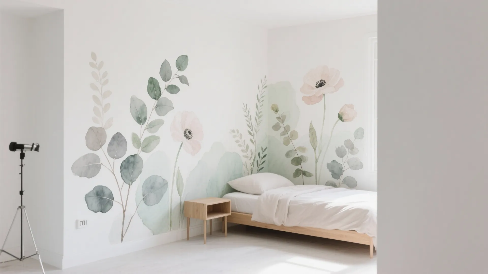 Minimalist bedroom featuring watercolor floral wall mural with soft green leaves and light pink flowers