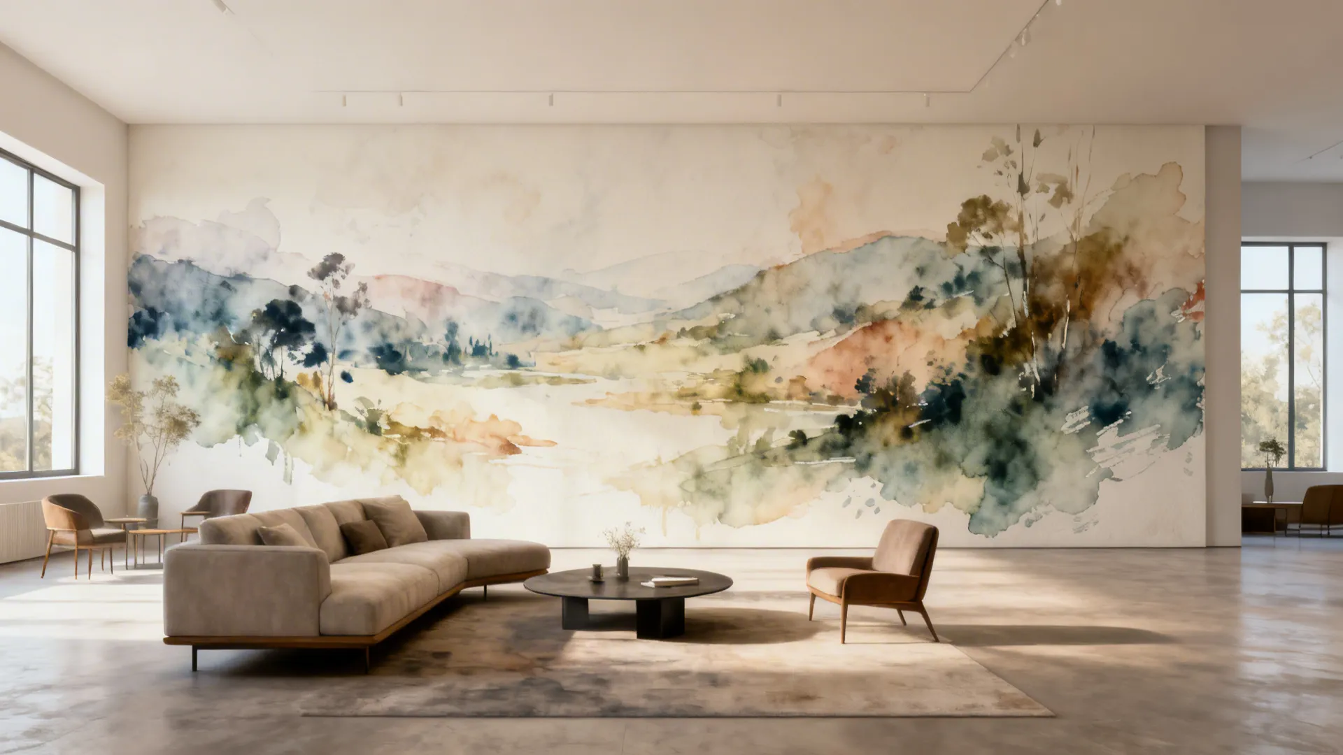 Living room with a large watercolor mural on a long wall that visually extends the space.