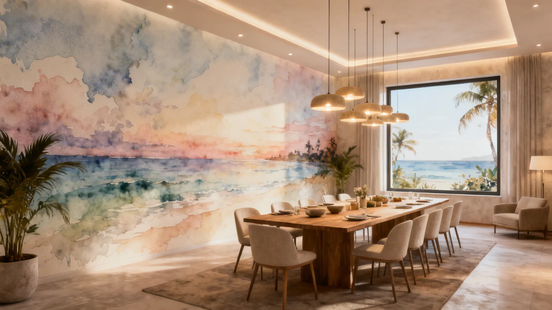 Dining room with a soft watercolor mural accent wall and long wooden table.