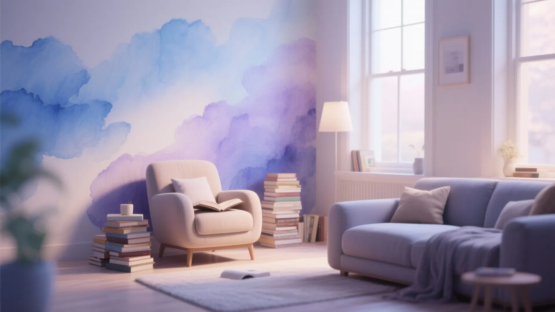 Reading corner with soft gradient watercolor wall mural