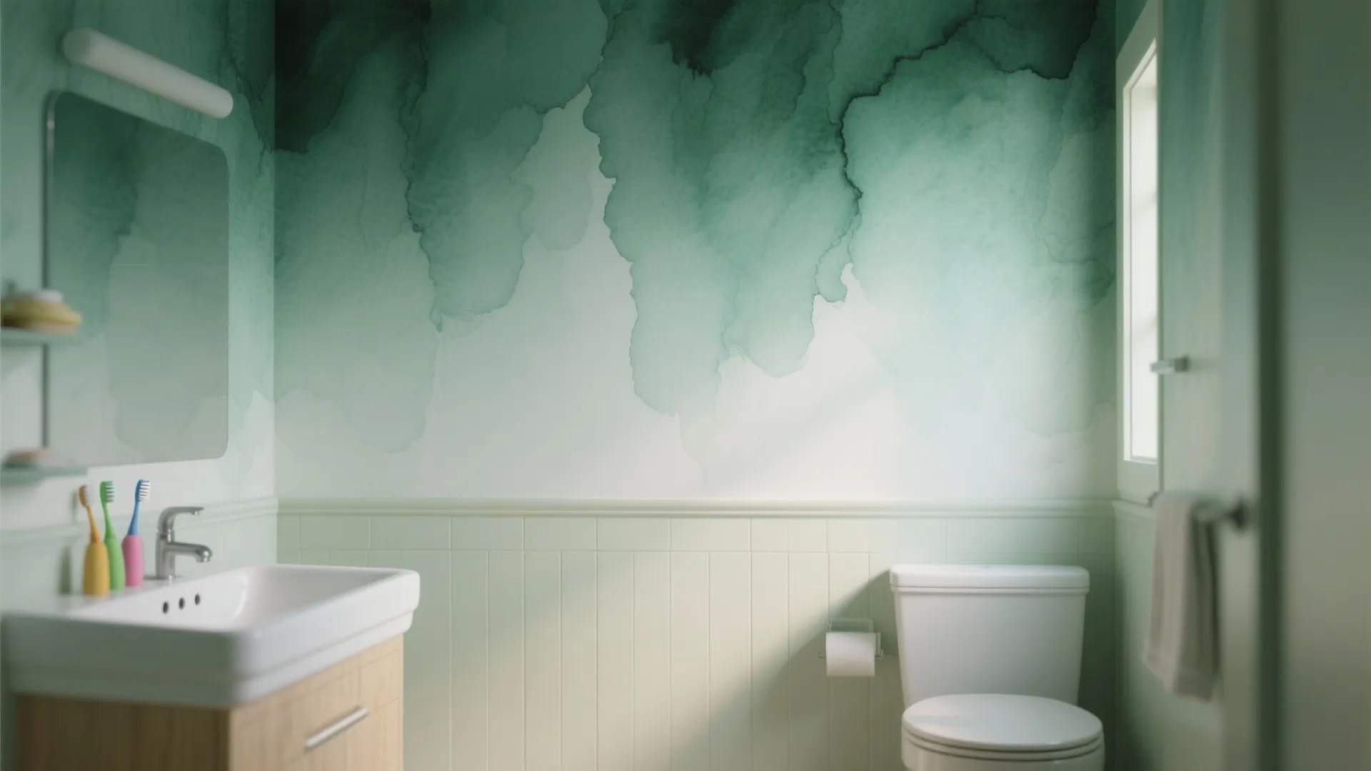 Green bathroom with watercolor wallpaper above light green wall panel with white sink and white toilet