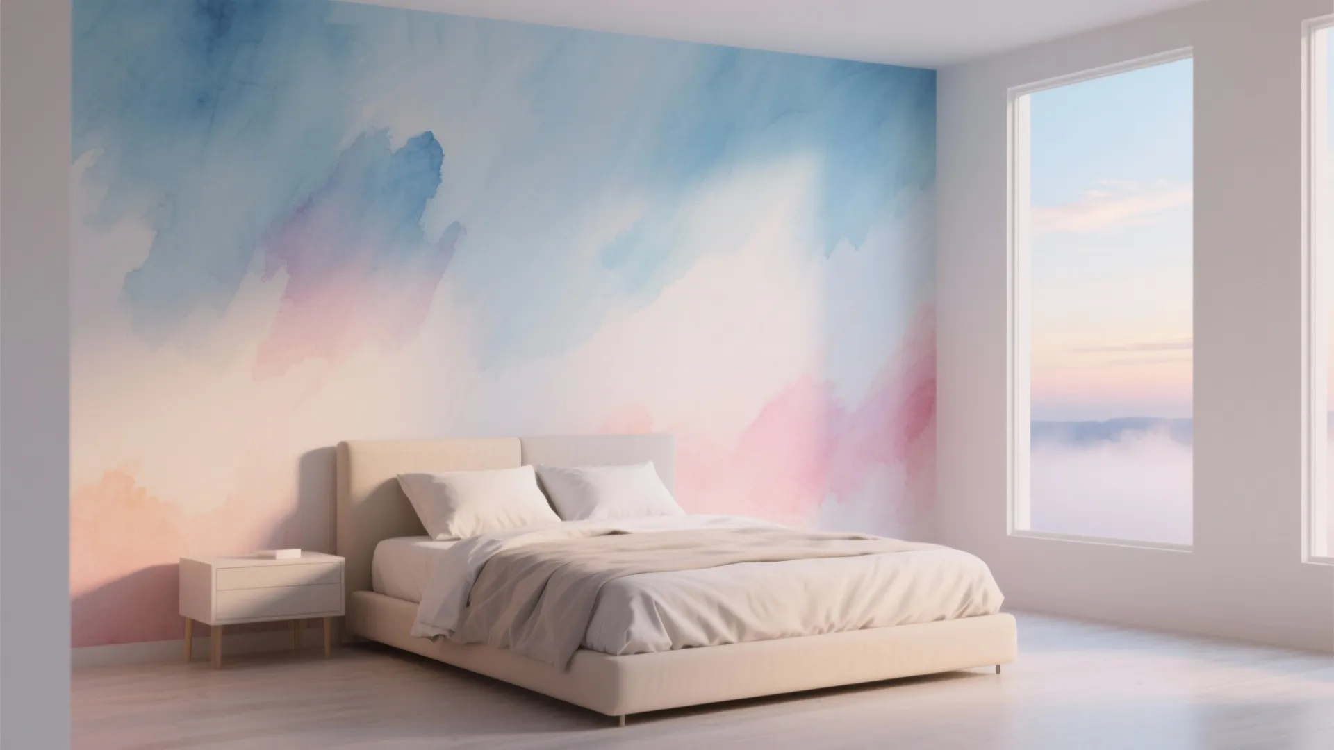 Minimalist bedroom with white bed and blue pink watercolor painting on the large back wall
