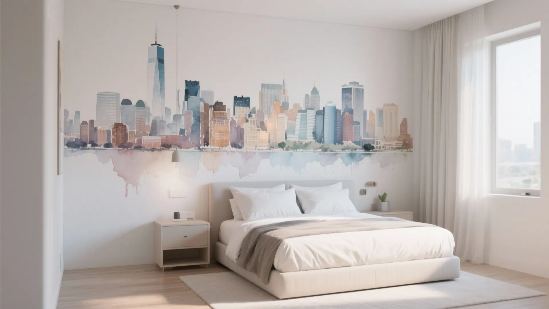 Bedroom feature wall with watercolor skyline mural