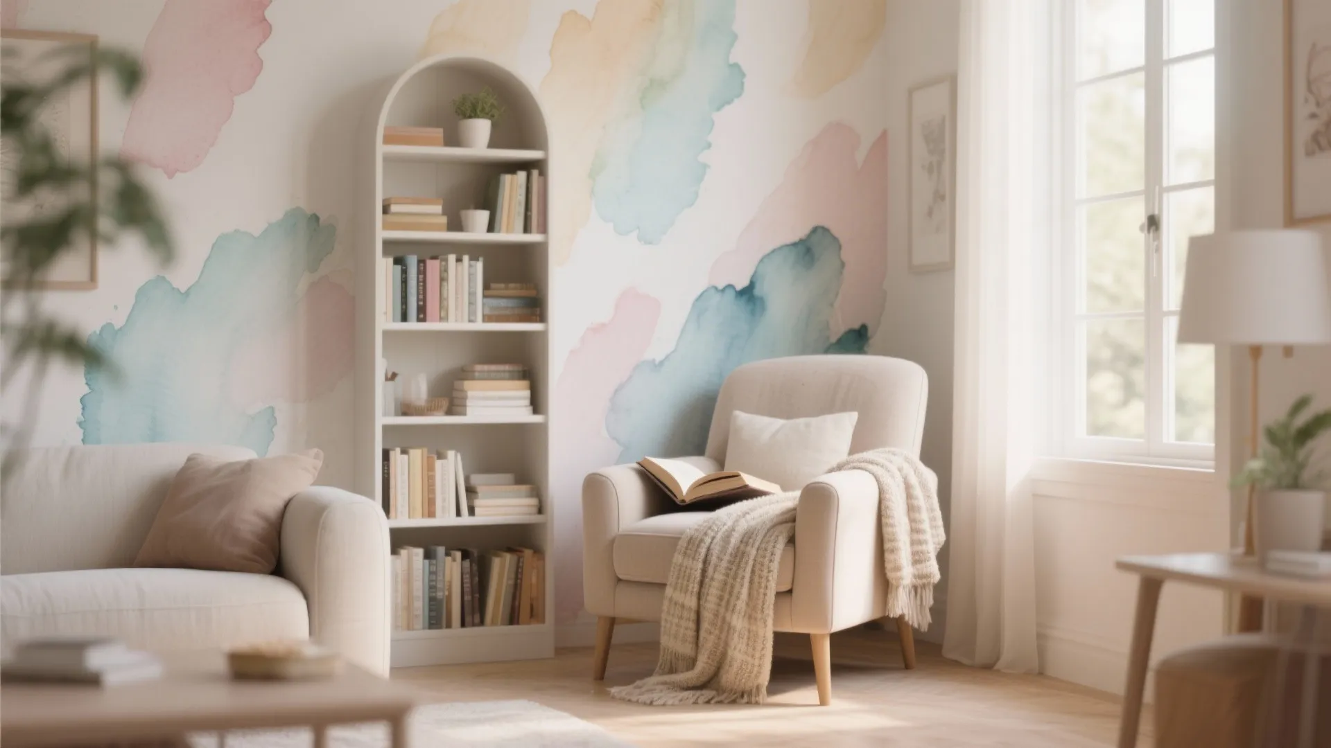 Pastel watercolor wallpaper in a cozy reading corner
