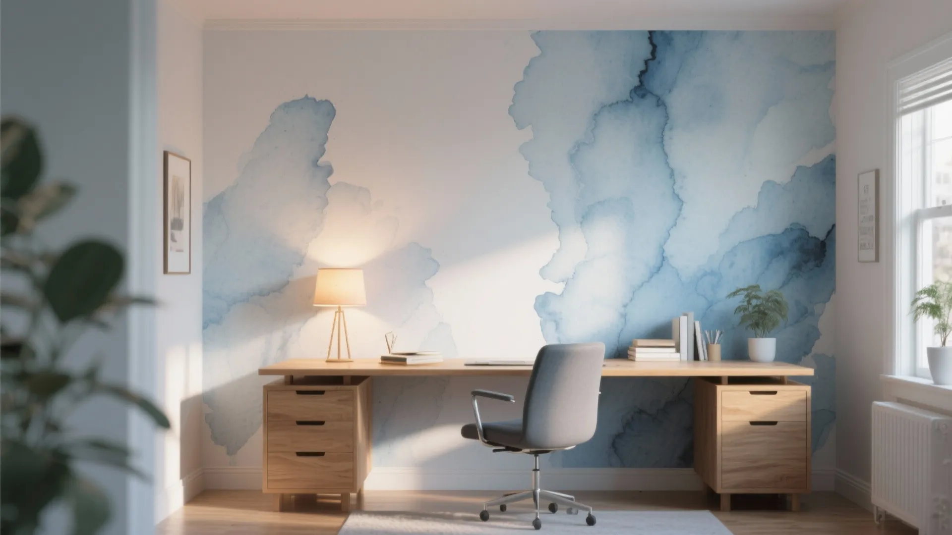 Home office wall with soft blue watercolor wash wallpaper