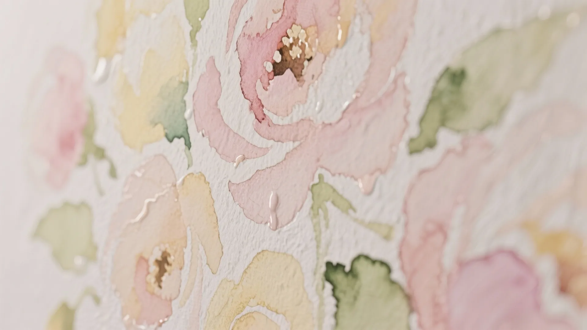 Close up of pink and yellow floral wallpaper with soft watercolor texture and green leaves