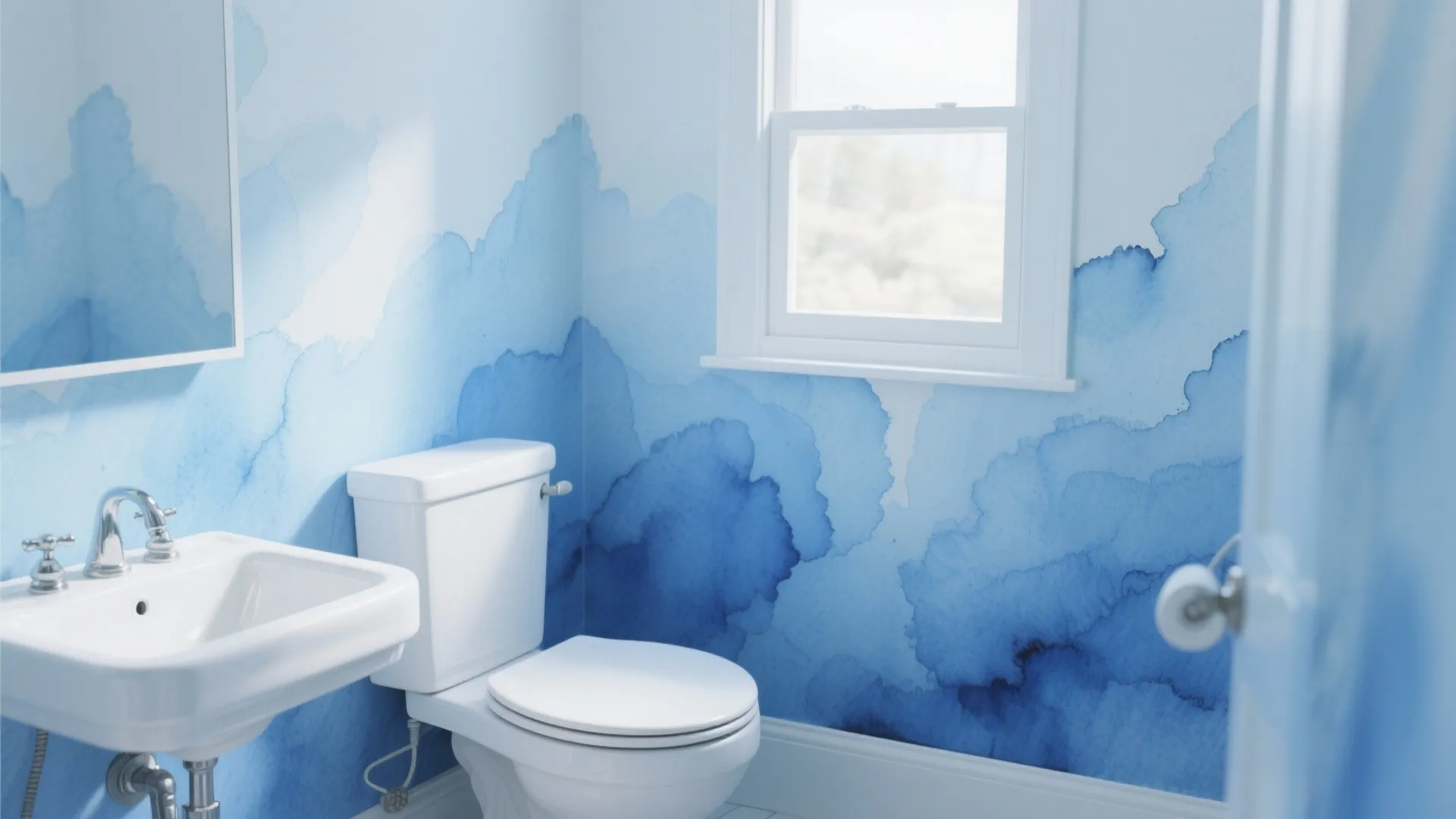 Small bathroom with blue watercolor paint effect wallpaper white toilet white sink and a window