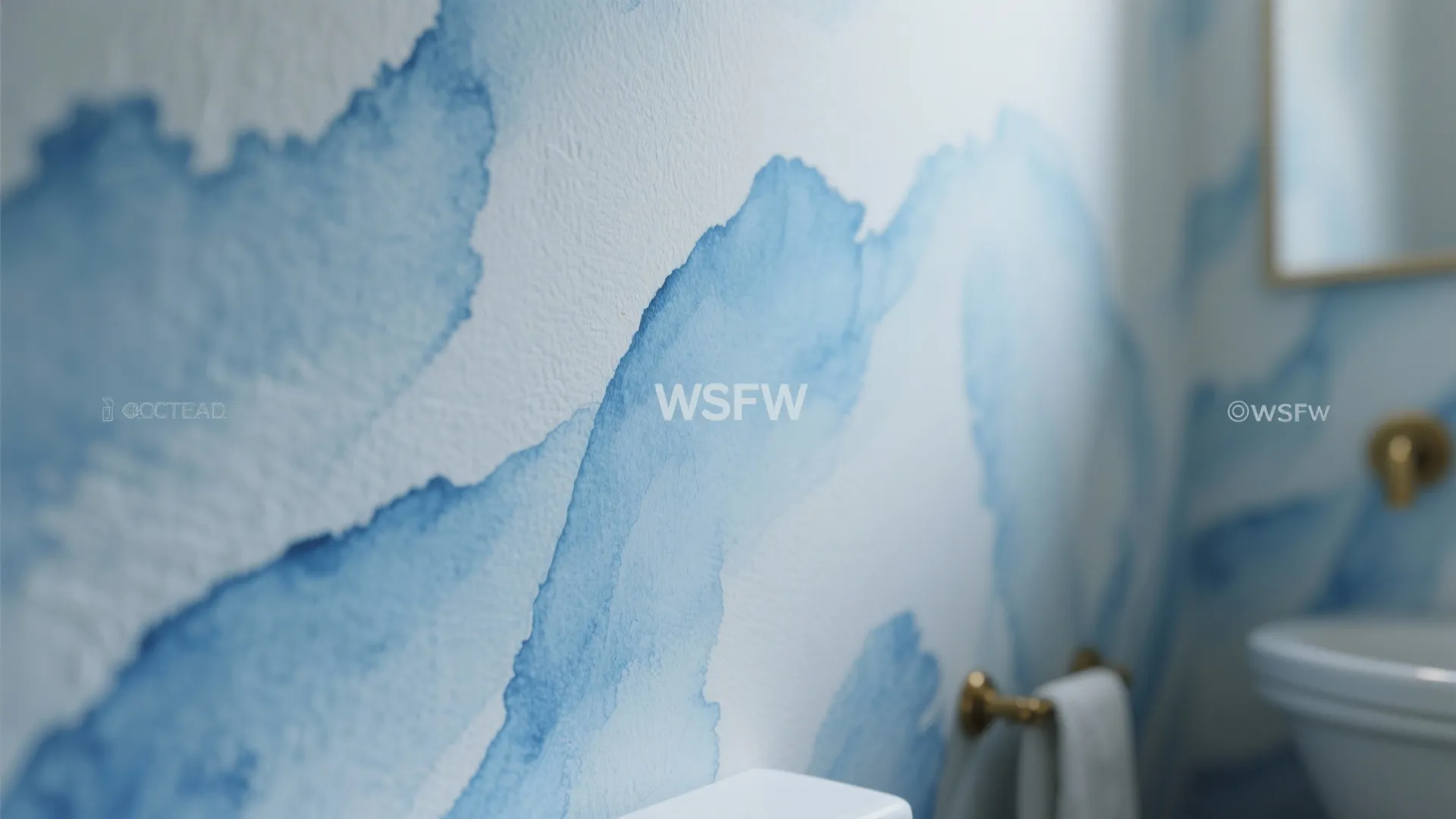 Close up view of blue watercolor pattern wall with bathroom sink towel and gold light