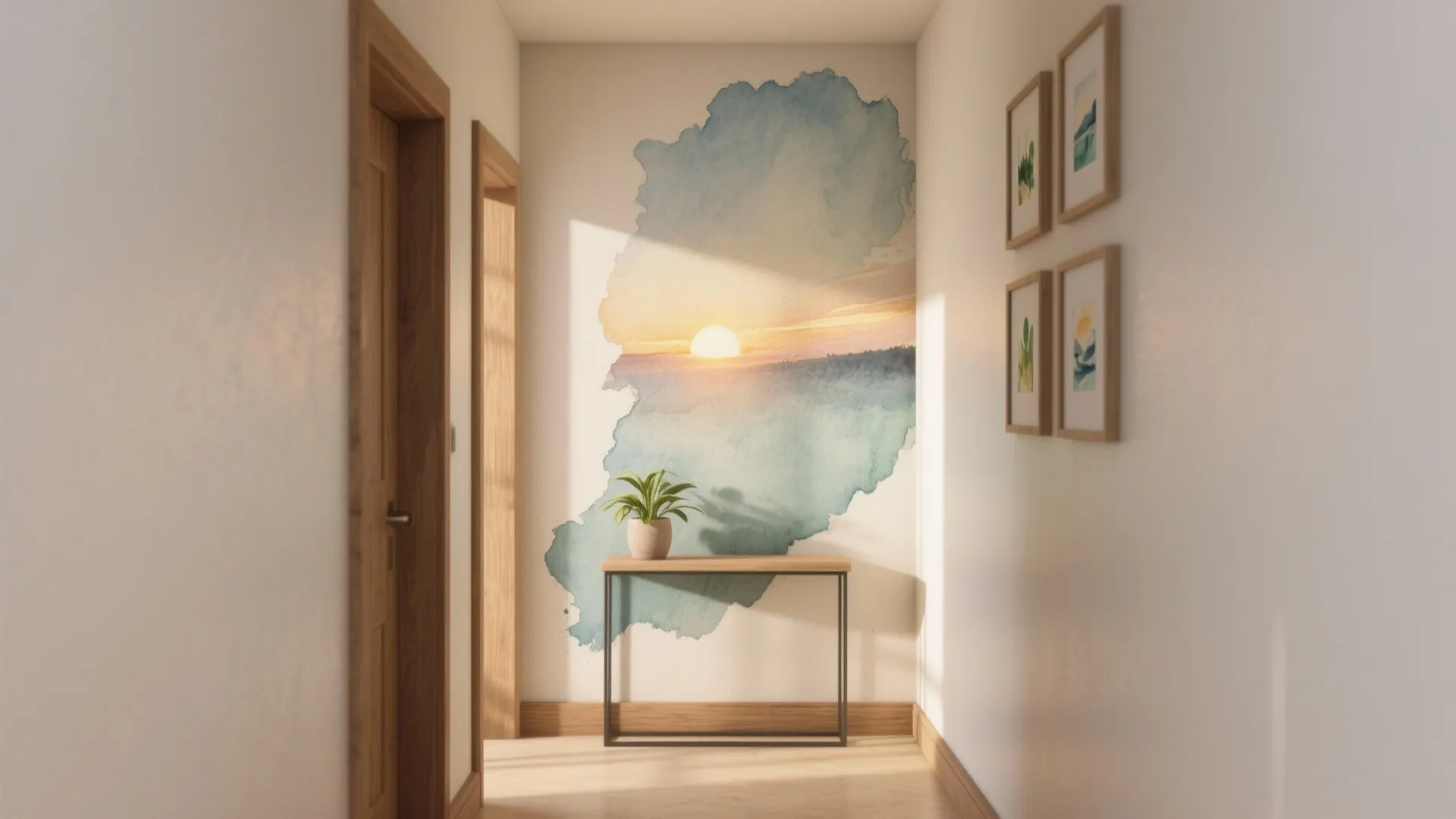 Bright hallway featuring large sunset watercolor wall mural behind small wooden table with green potted plant