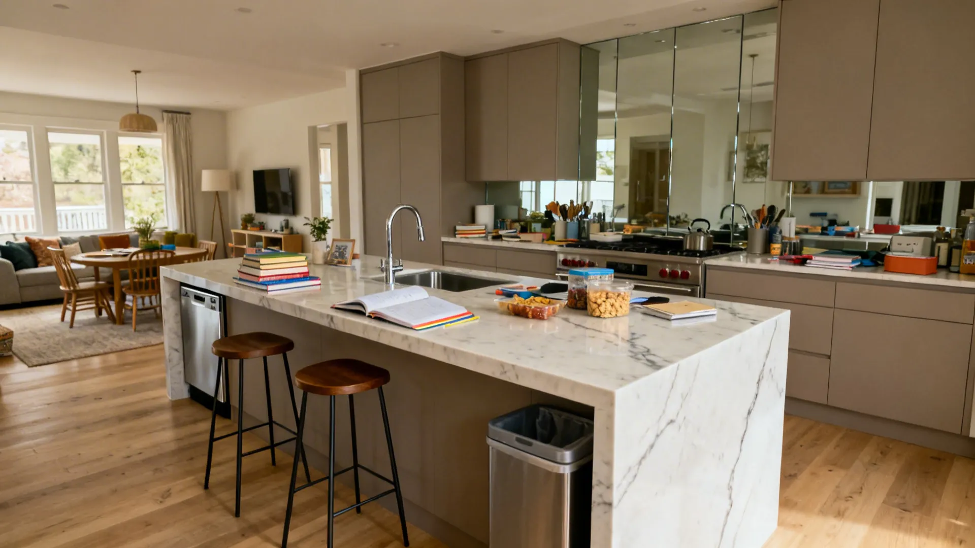 Waterfall-edge island with work zone on one side and clean seating on the other in an open-plan kitchen.