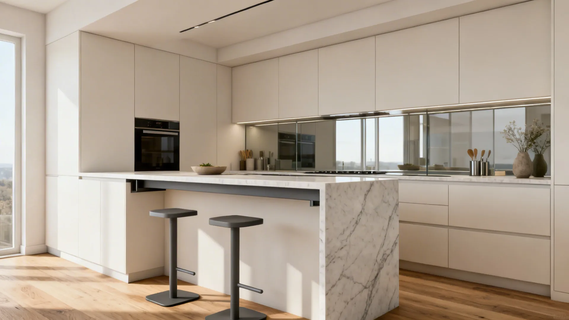 Modern white kitchen with marble breakfast bar two black stools wooden floor and white wall cabinets