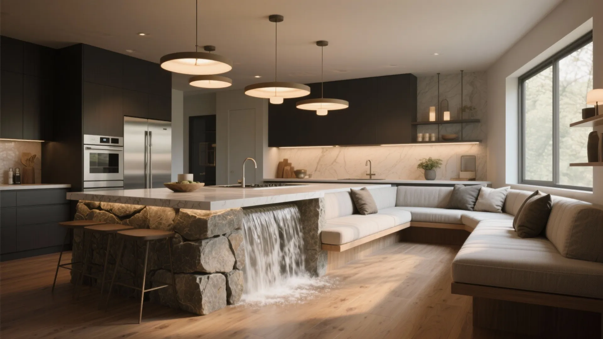 Modern waterfall kitchen island extended into a cushioned bench with warm pendant lighting and natural materials.