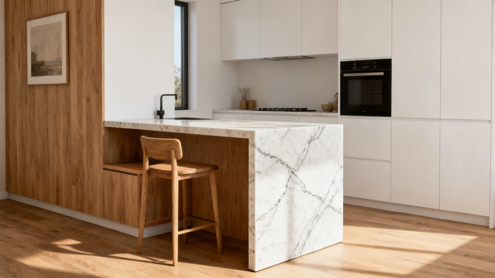 Small modern kitchen with a slim-profile waterfall edge island showing continuous stone veining.
