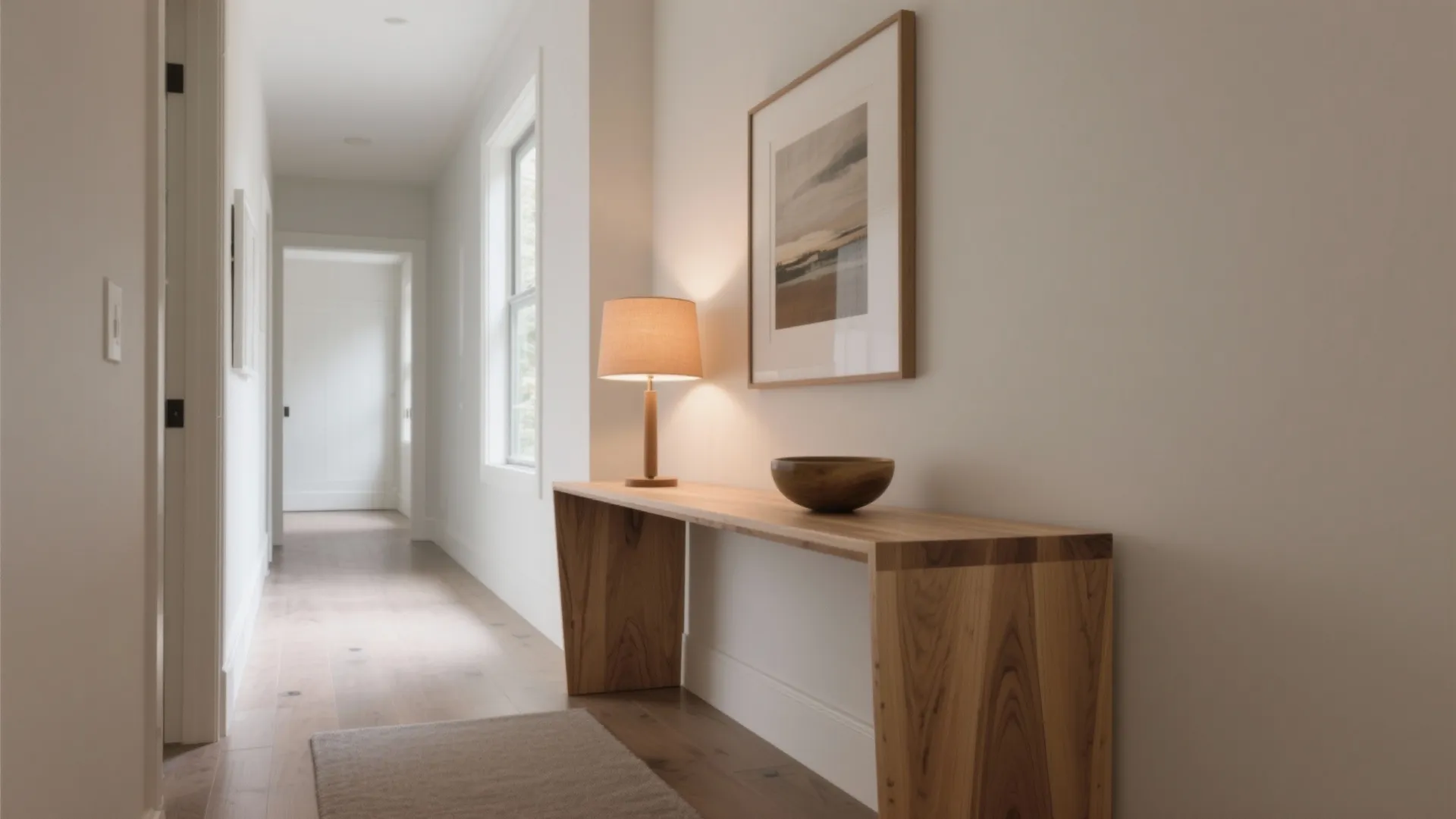 Modern hallway with wood table, table lamp, wall art, small bowl, and white hallway walls
