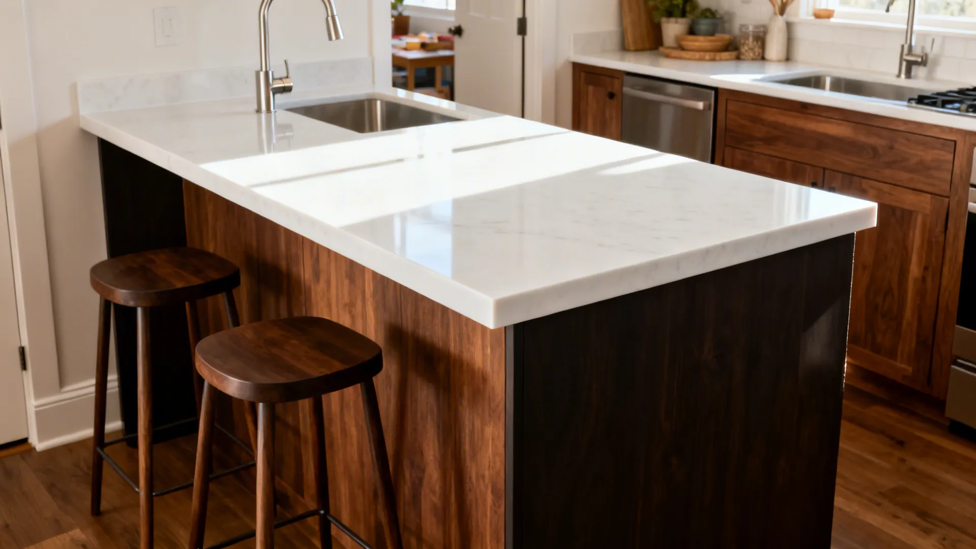 White quartz waterfall island over dark oak cabinets with precise miter and slim profile.