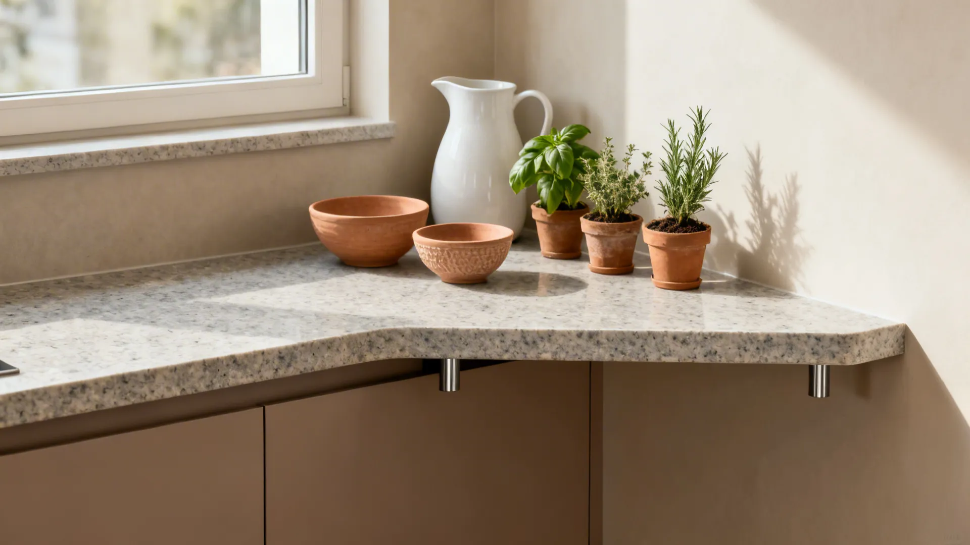 A corner kitchen with an L-shaped honed granite shelf that waterfalls down one side holding ceramics and herbs.
