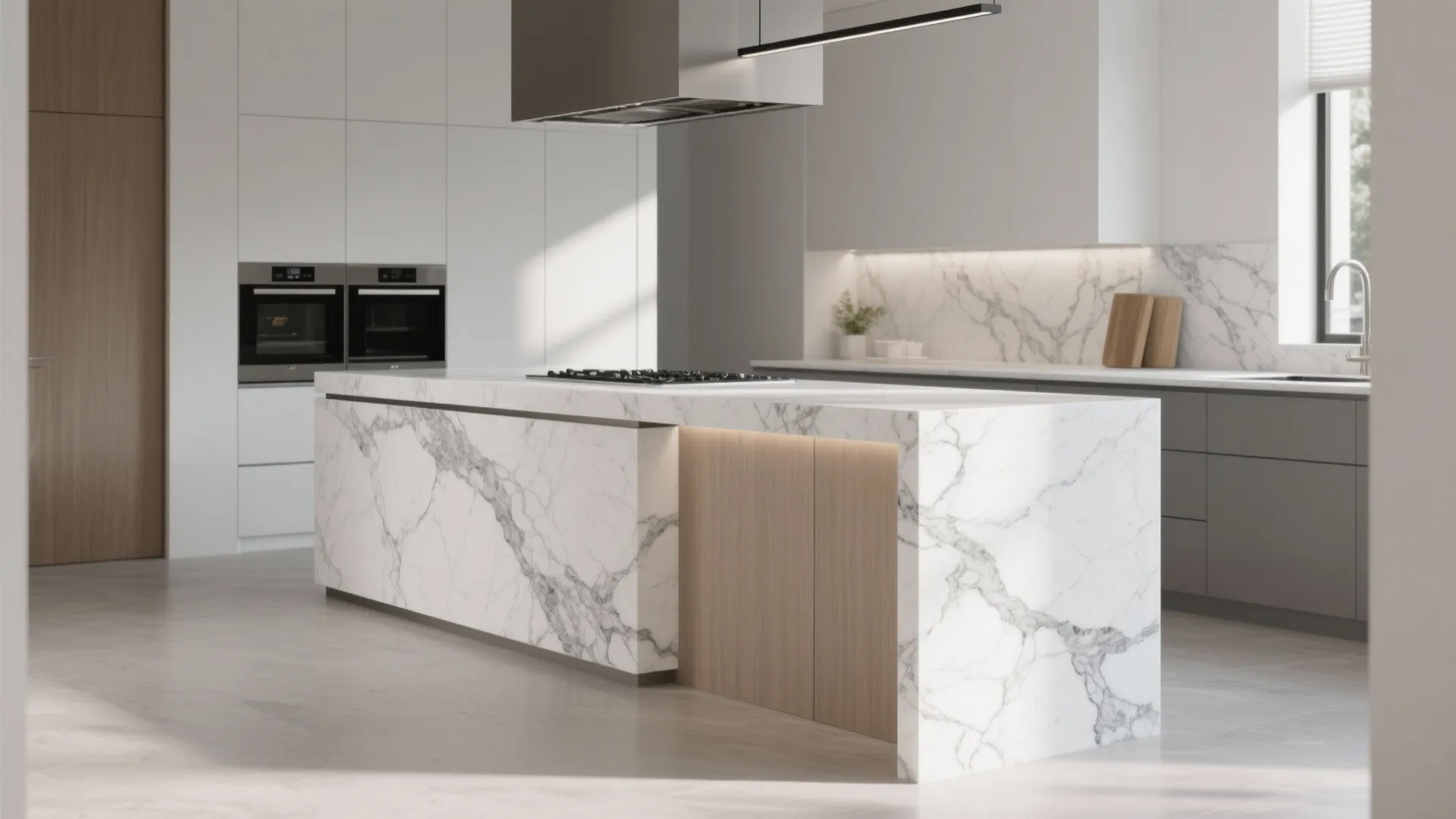 Modern white kitchen with marble island wood accents white cabinets two ovens and big window