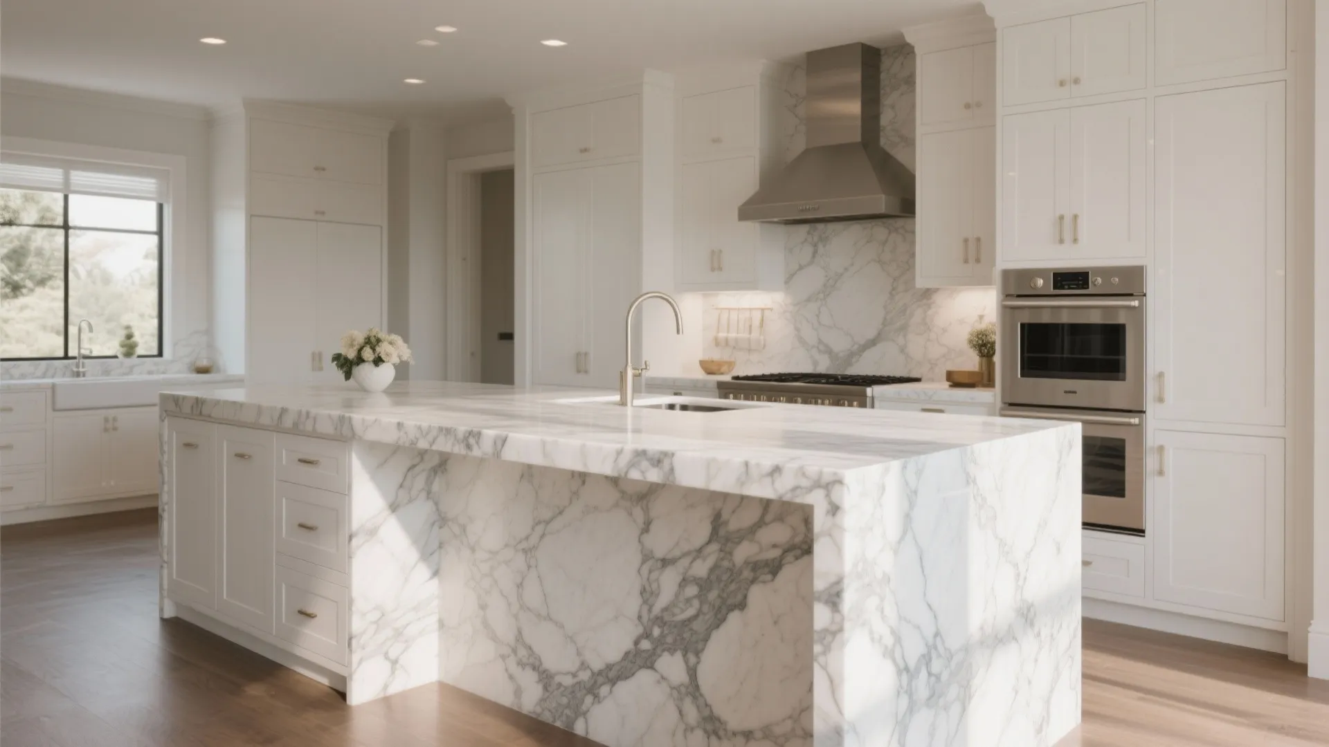 Modern white kitchen with marble island countertop and matching marble backsplash behind the stove area