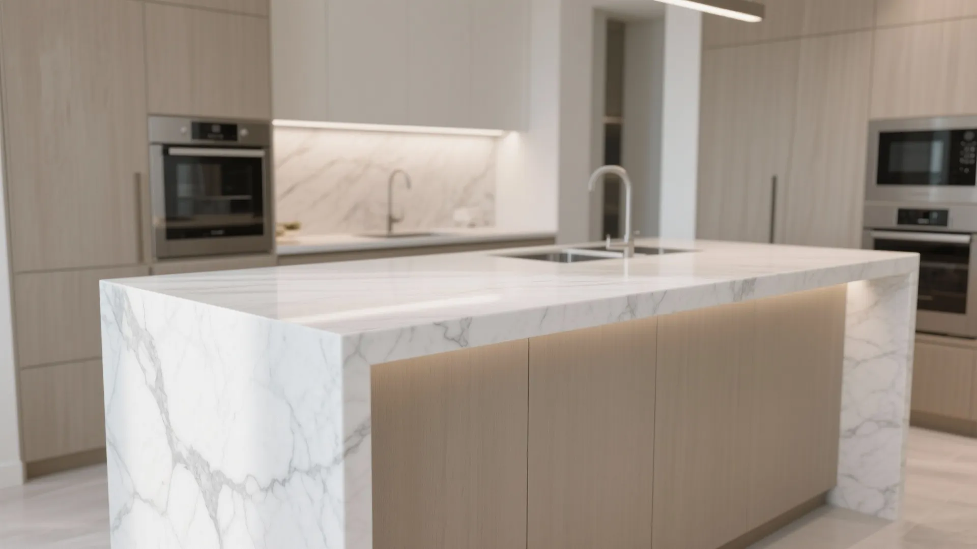 Modern kitchen island with marble waterfall countertop and wooden cabinets in a bright interior design