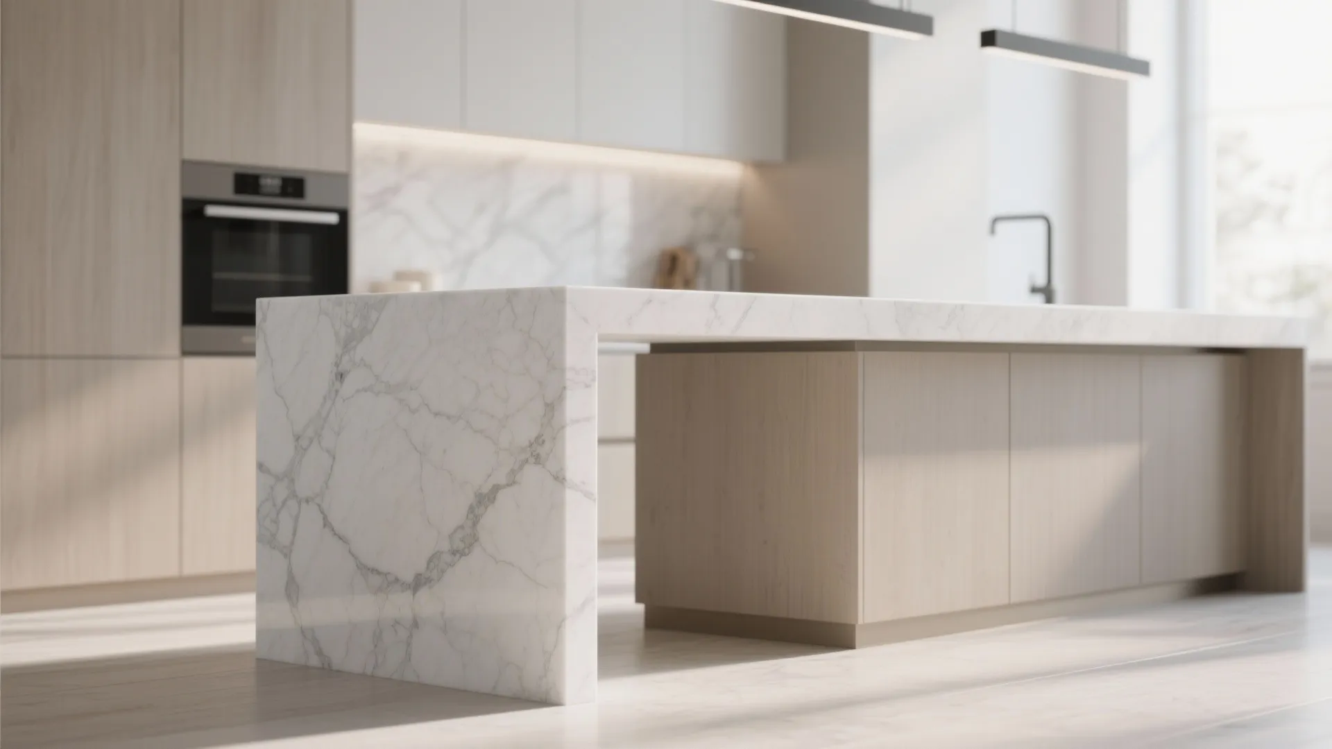 White marble kitchen island with wood cabinets and built in oven in a modern room