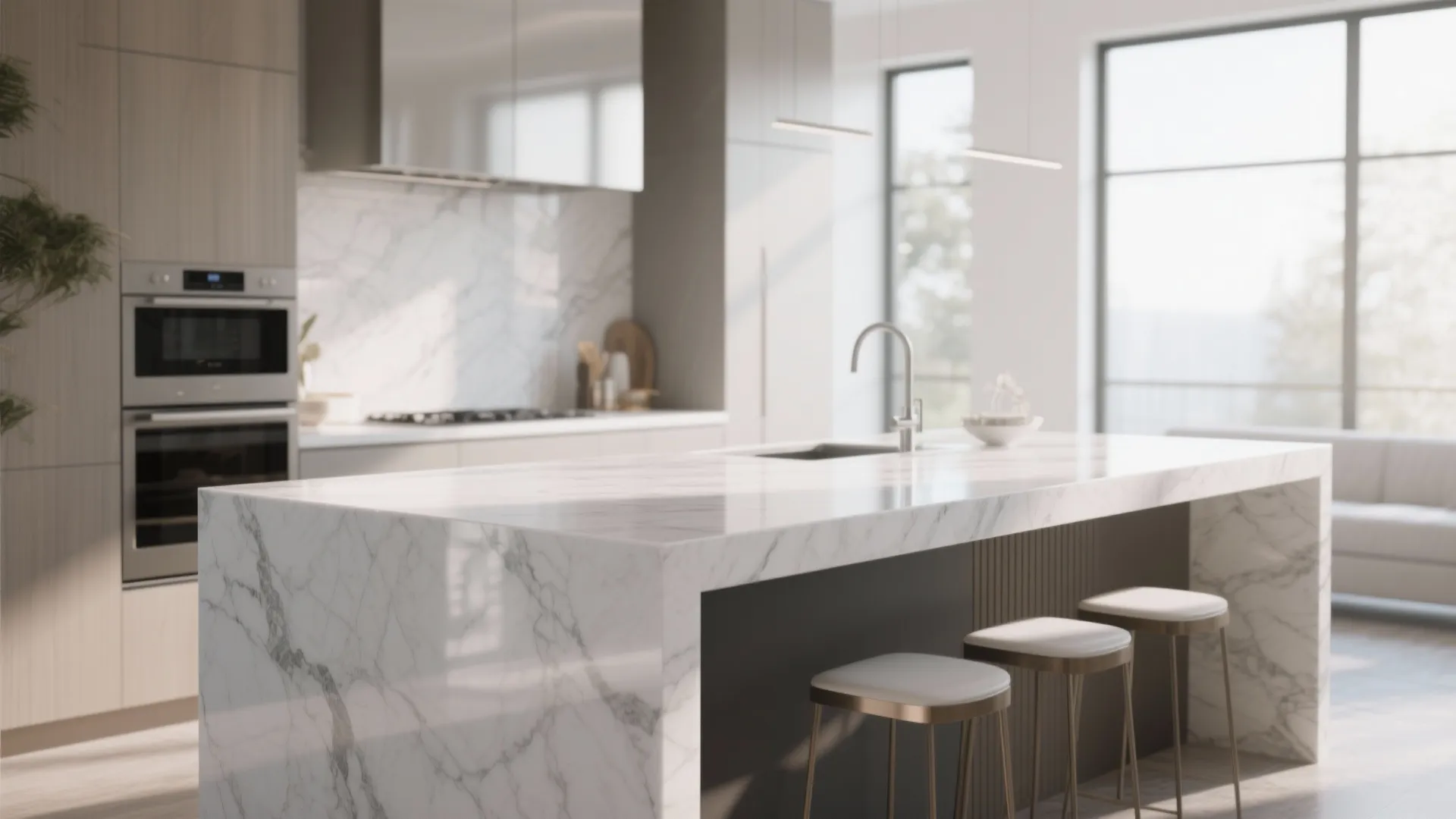 Quartz waterfall countertop on a kitchen island