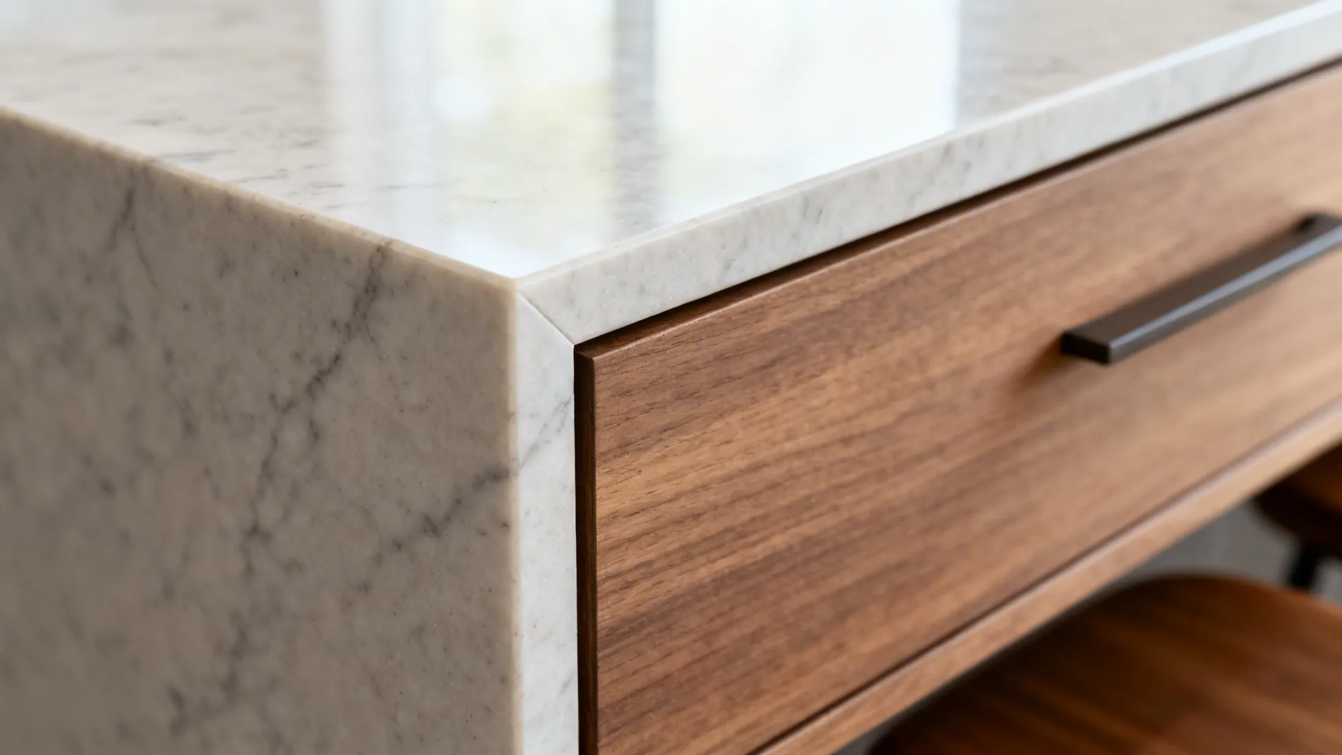 Close up of a marble kitchen island corner joined with a wooden drawer and handle