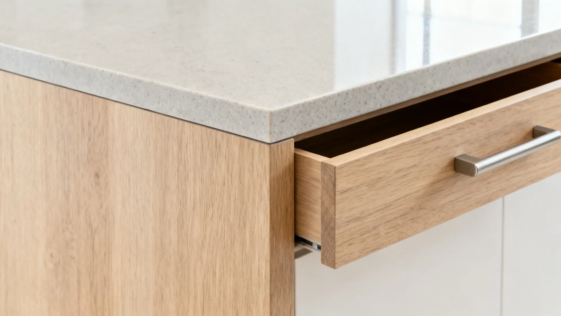 Close-up of matte quartz waterfall edge and oak panel on a slim island.