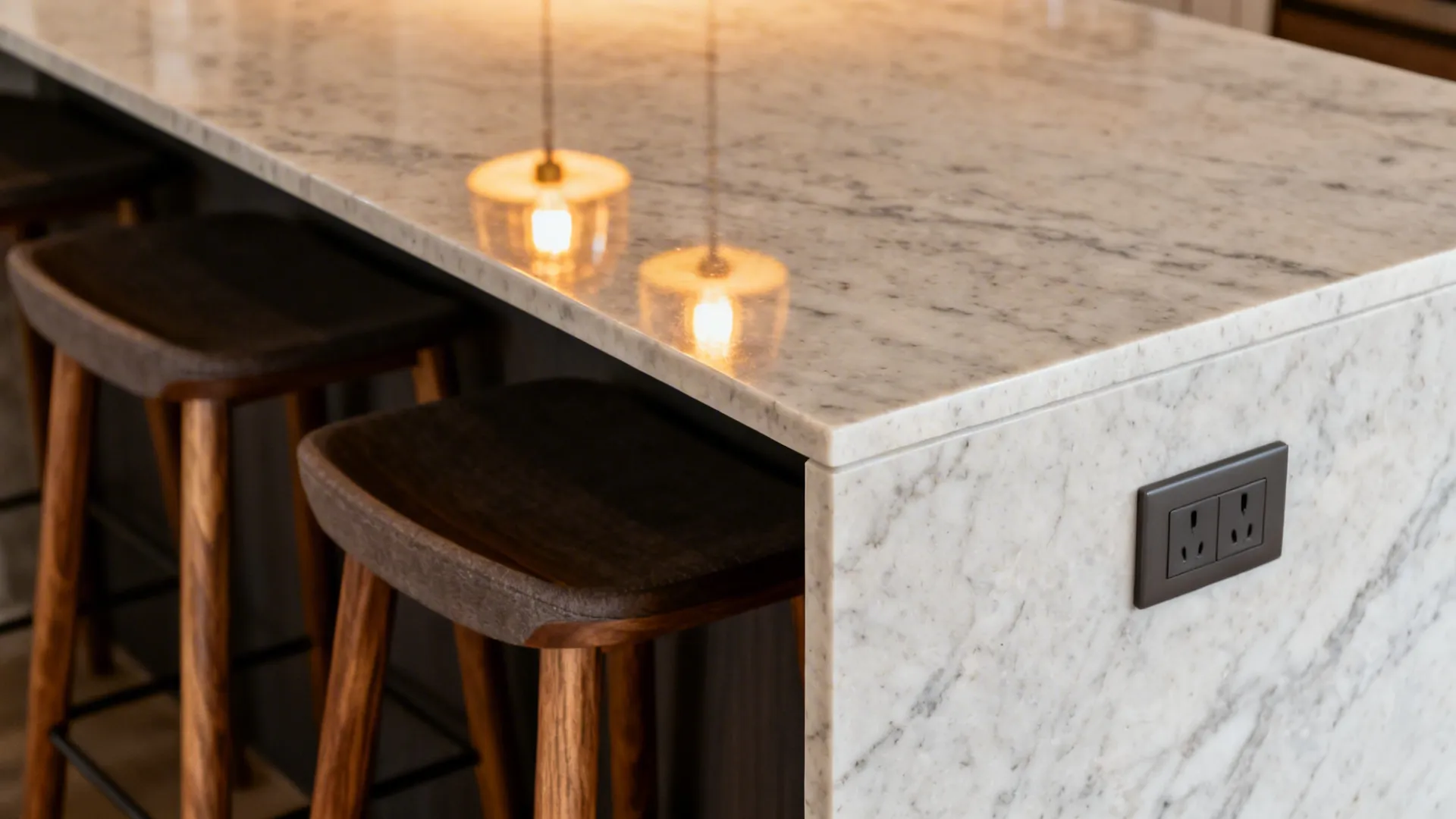 Close-up of a quartz waterfall edge with stools tucked below and a discreet power socket.