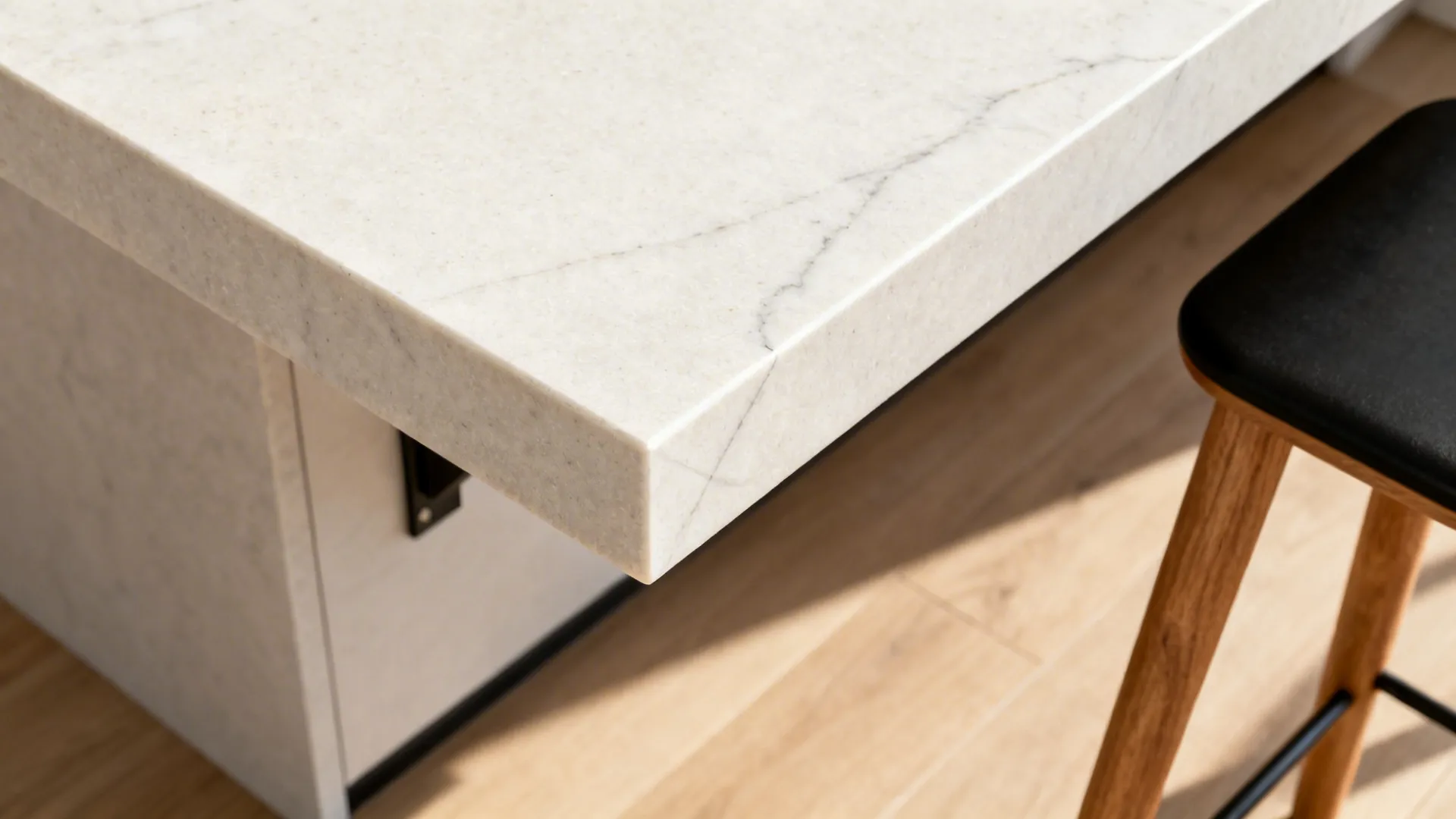 Close-up of a mitered quartz waterfall edge with subtle veining and hidden support.