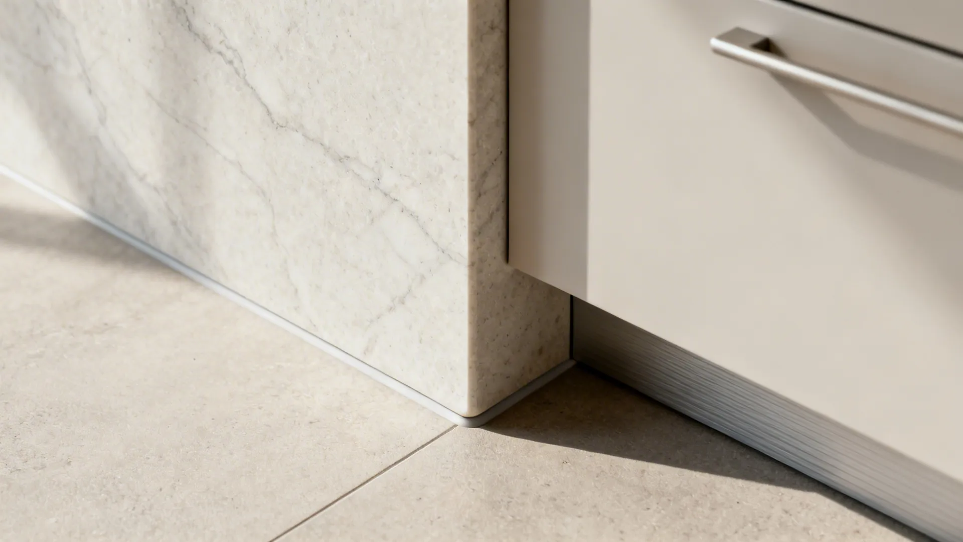 Close-up of a quartz waterfall edge with a discreet pull for hidden storage.