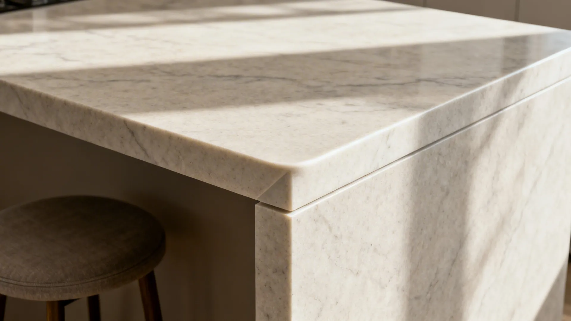 Waterfall peninsula with tucked stools