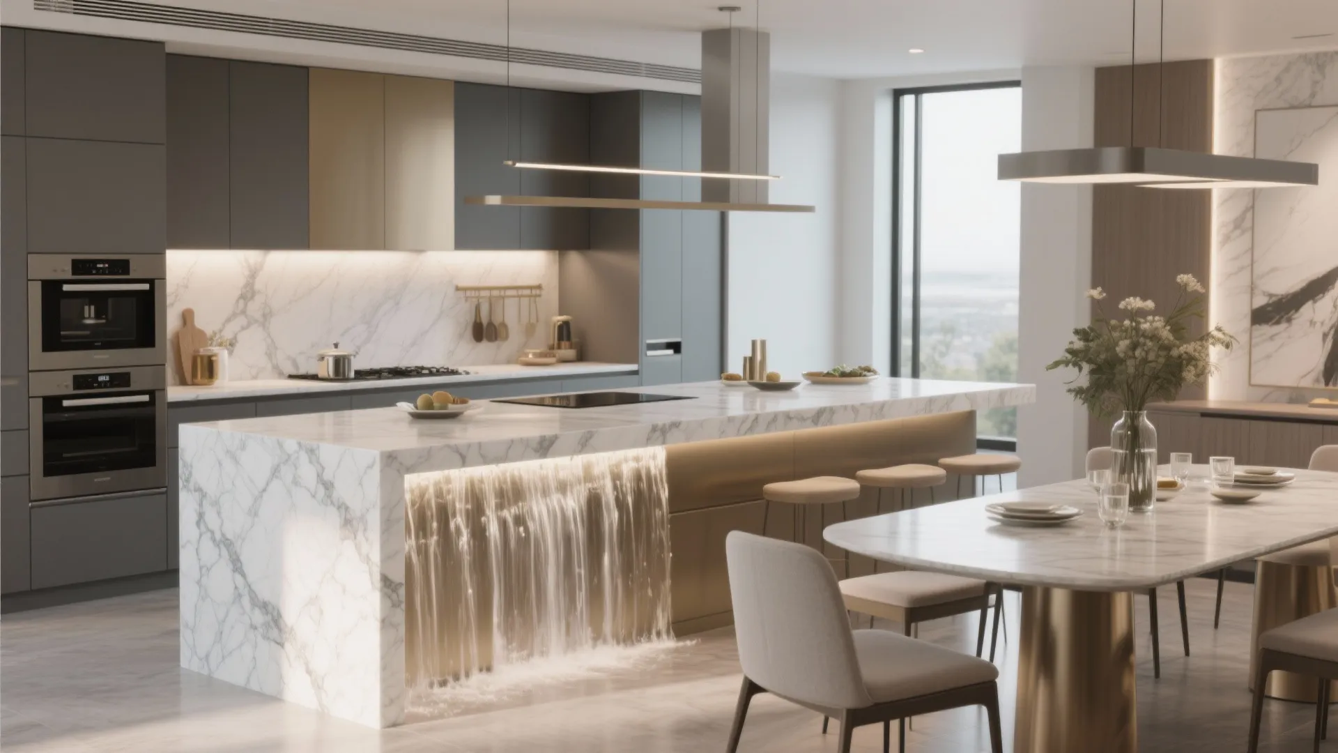 Quartz waterfall edge kitchen island dining combination