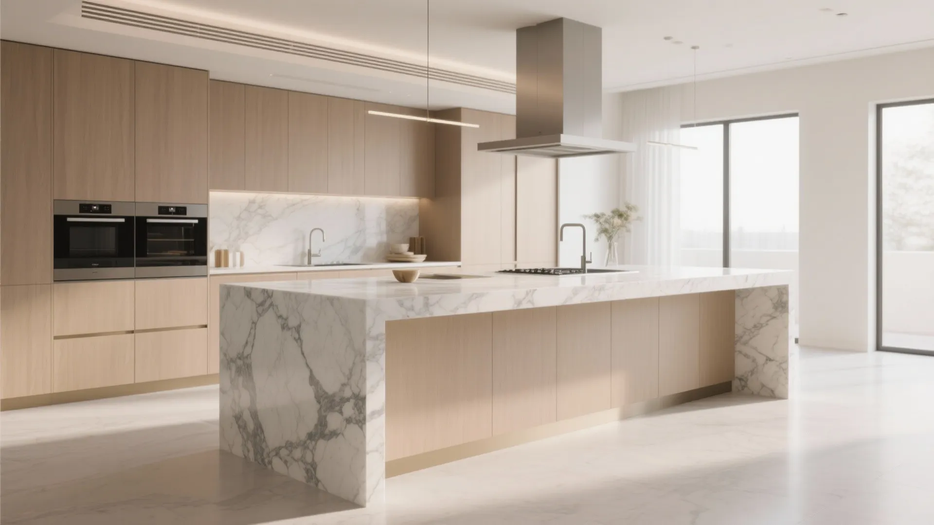 Waterfall edge kitchen island with marble countertop