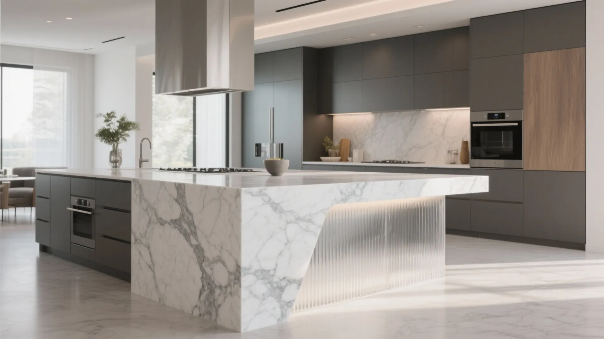 Modern grey kitchen featuring a marble waterfall edge island with integrated lighting and dark cabinets