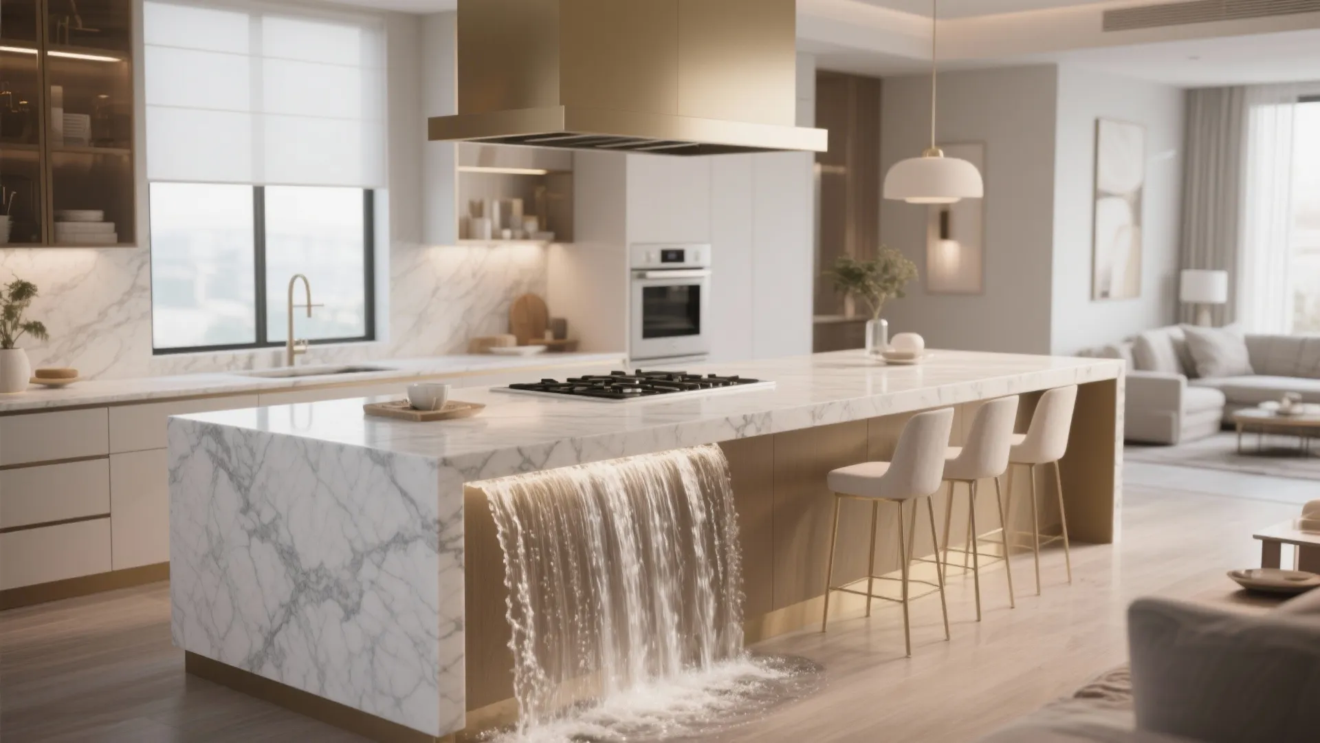 Luxury kitchen island with marble top gold hood vent waterfall feature and white bar stools