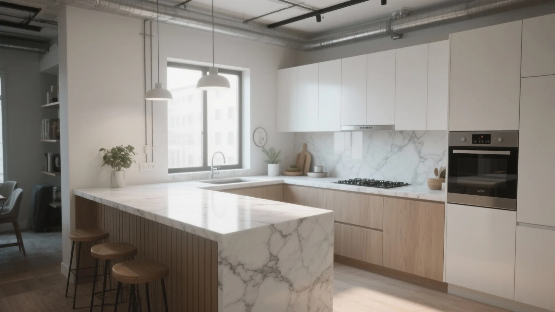 Small loft kitchen with white marble waterfall edge countertop