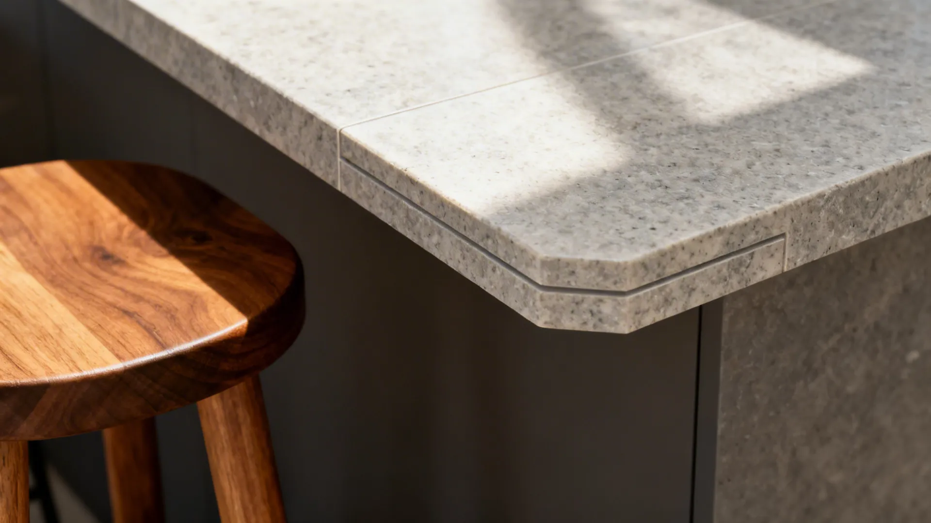 Close-up of a white engineered stone waterfall countertop edge beside a warm wood stool.