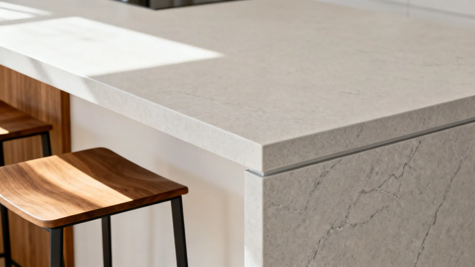 Macro detail of a contemporary waterfall edge counter with slim stools and matte stone finish.