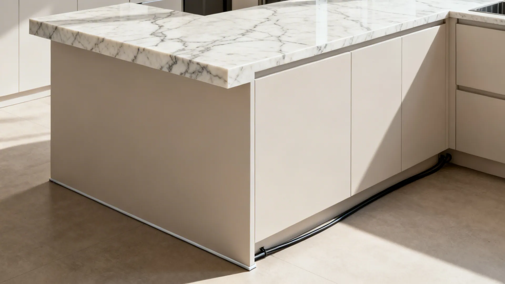 Quartz waterfall countertop with precise miter, chamfered edge, and hidden return panel concealing the base.
