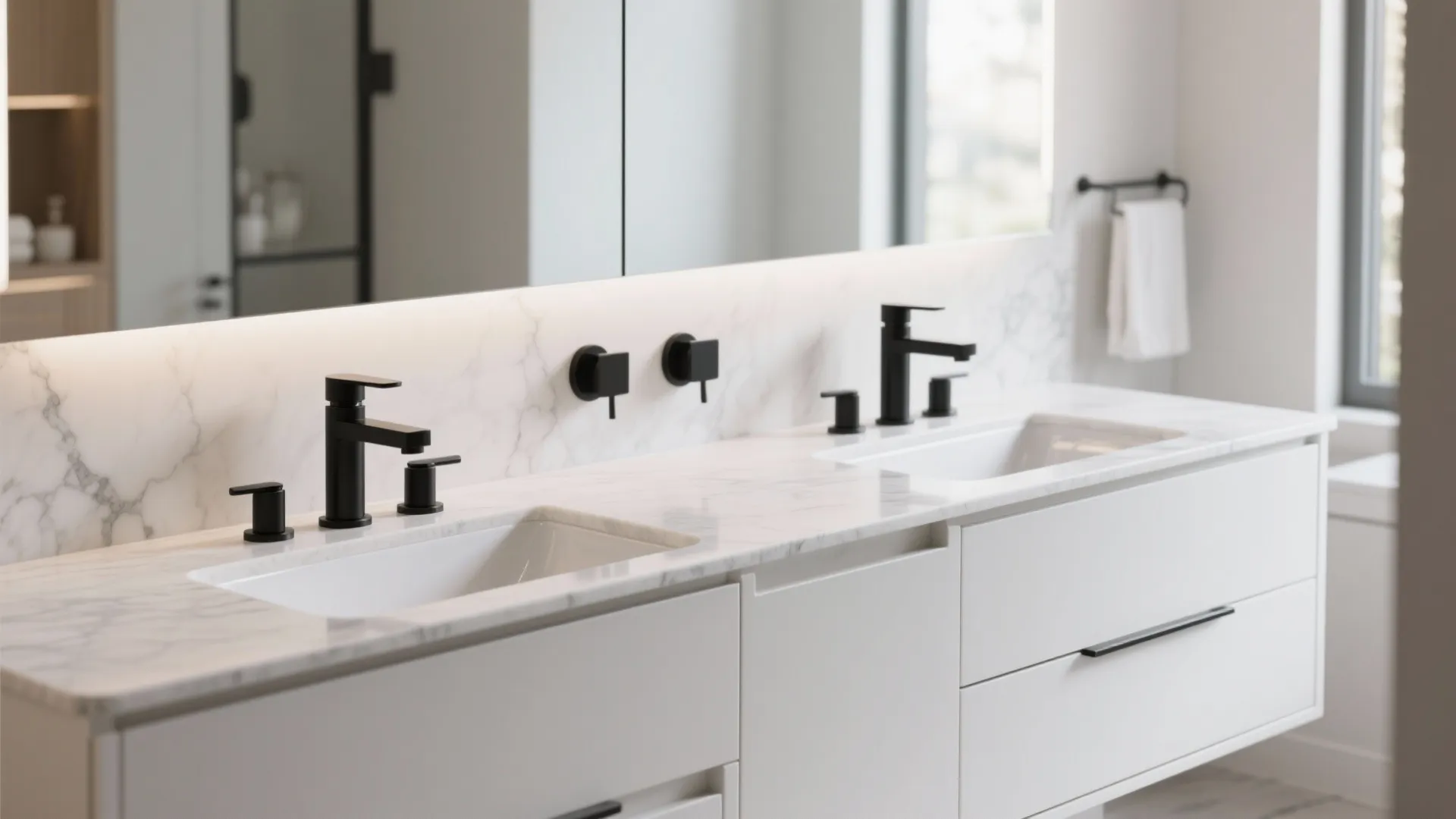 Close up of marble bathroom vanity with two white sinks black faucets and large mirror
