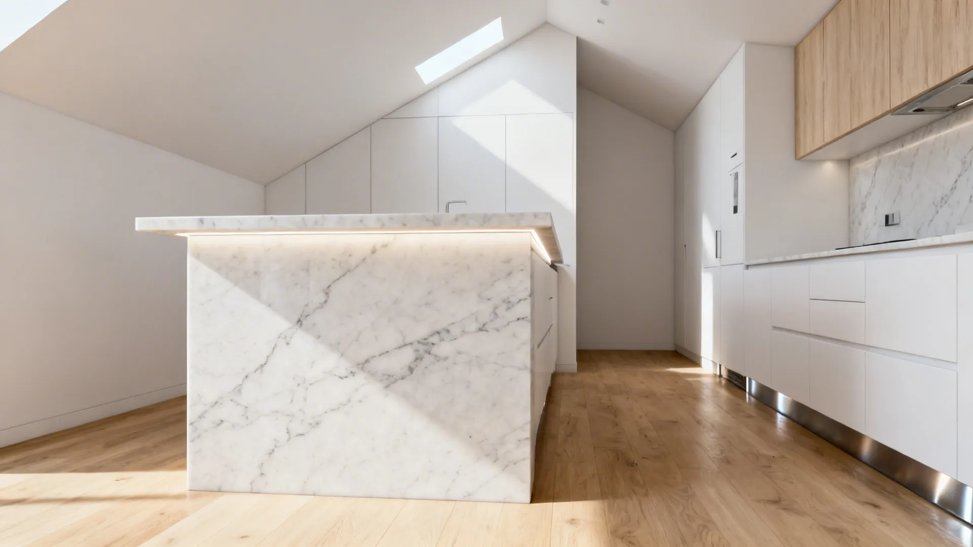 Small kitchen peninsula with a seamless quartz waterfall edge and matched veining.