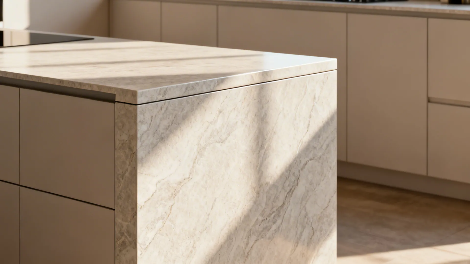Laminate waterfall end cap on a small kitchen peninsula giving a seamless, high-end look.