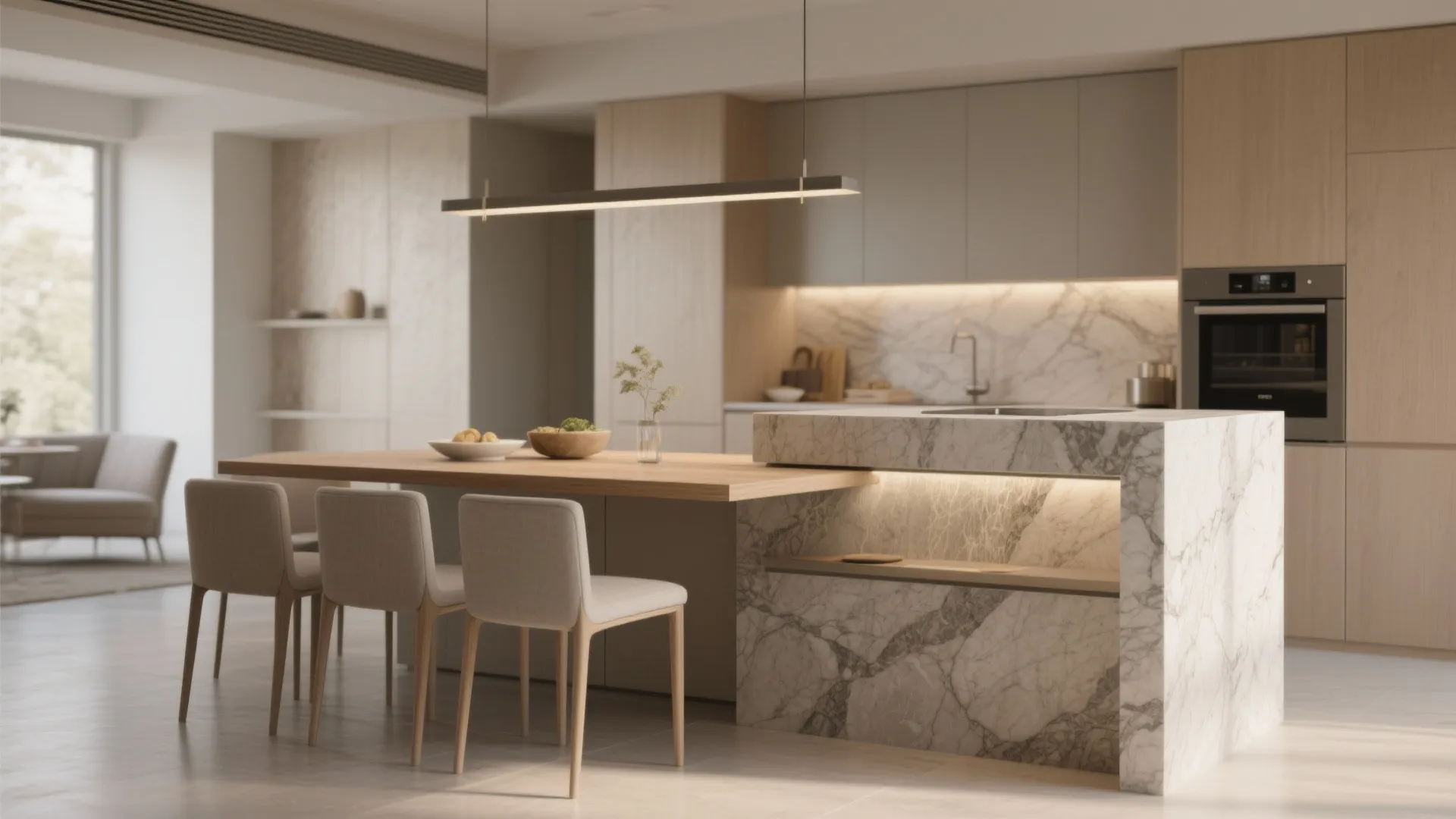 Minimalist kitchen featuring marble island with wooden dining table extension light grey cabinets and modern chairs