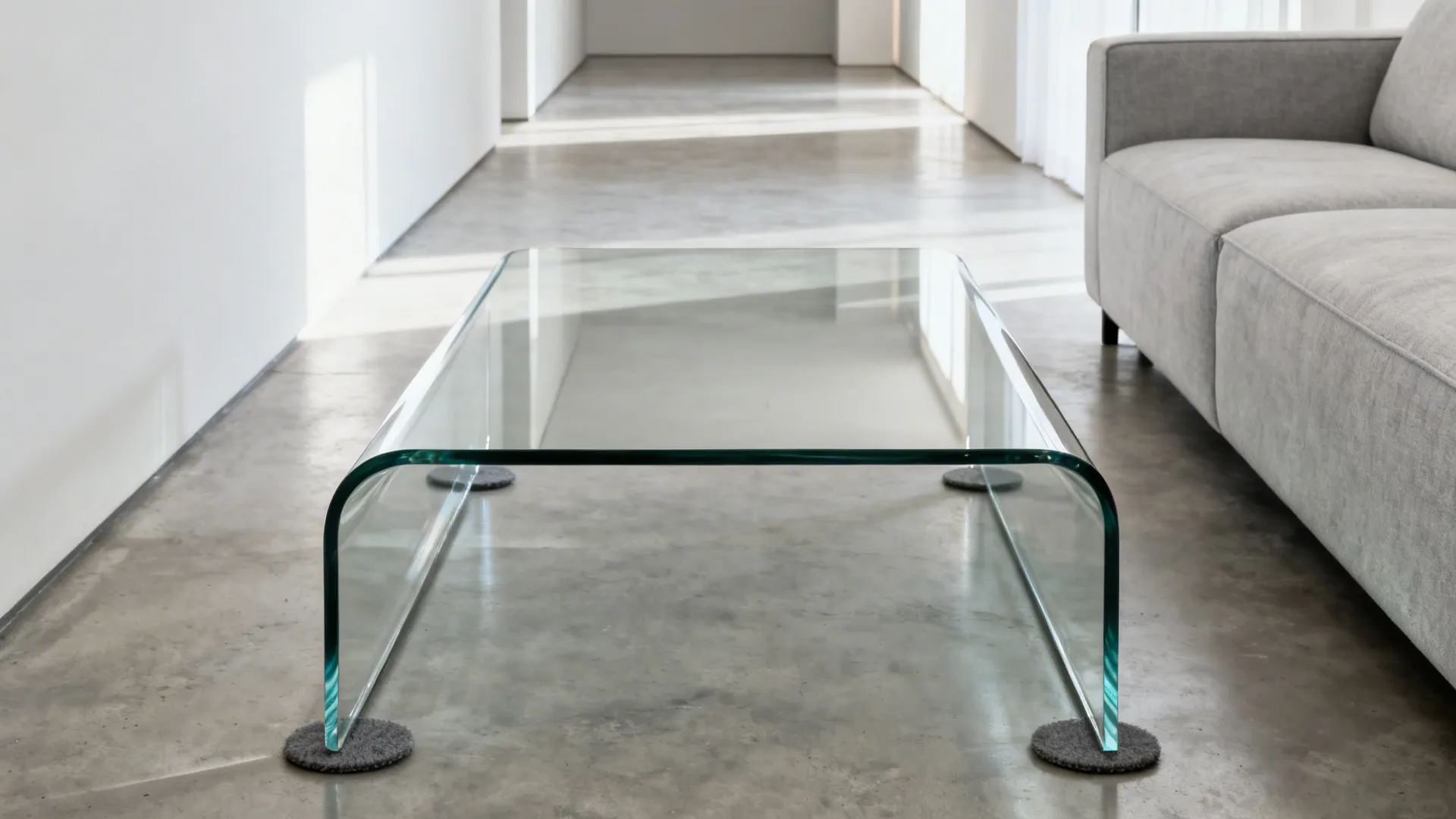 Low-iron waterfall edge glass coffee table elongating a narrow living room.